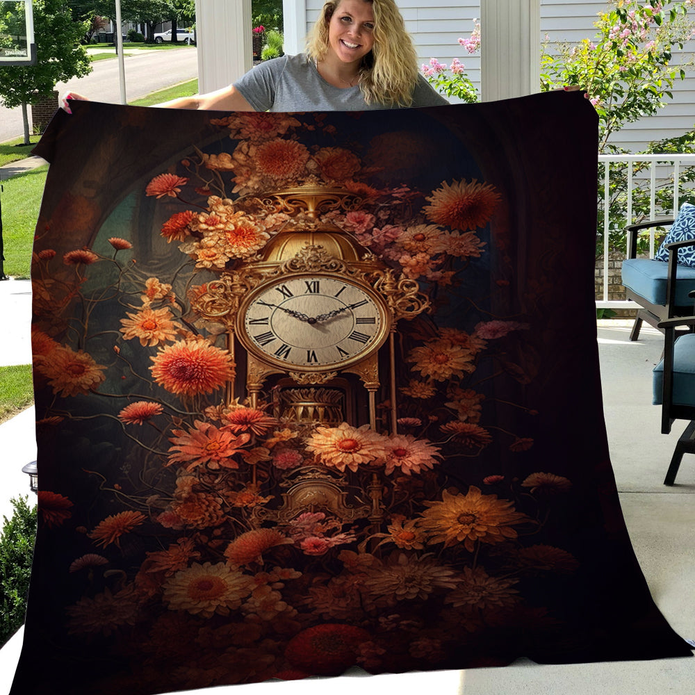 Ancient Ancestral Clock With Flowers Christmas, Xmas Fleece Blanket & Sherpa Blanket Gift For Ancient Clock Lovers