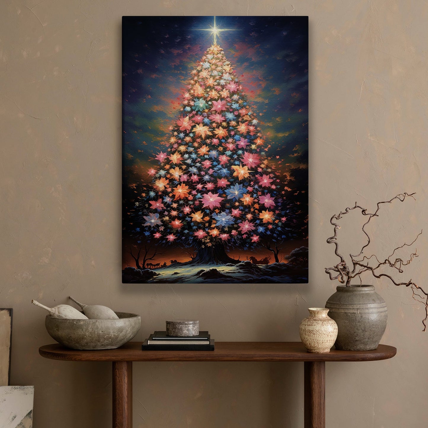 Celestial Bloom The Tree of Ethereal Radiance Christmas Canvas Painting, Xmas Wall Art Decor - Christmas Tree Poster Gift