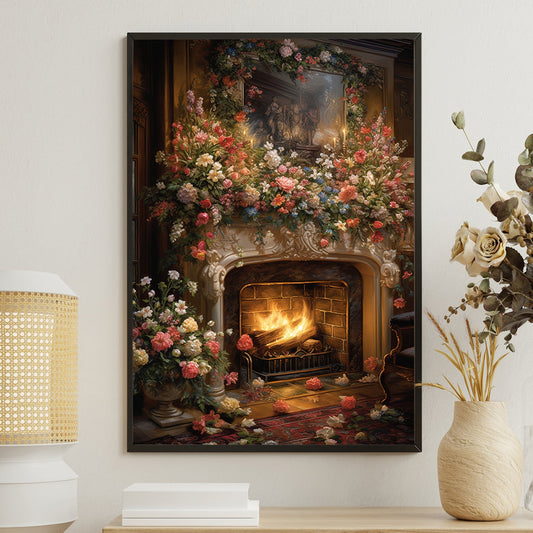 Enchanted Evening The Hearth of Floral Whimsy, Victorian Christmas Canvas Painting, Xmas Wall Art Decor - Christmas Poster Gift