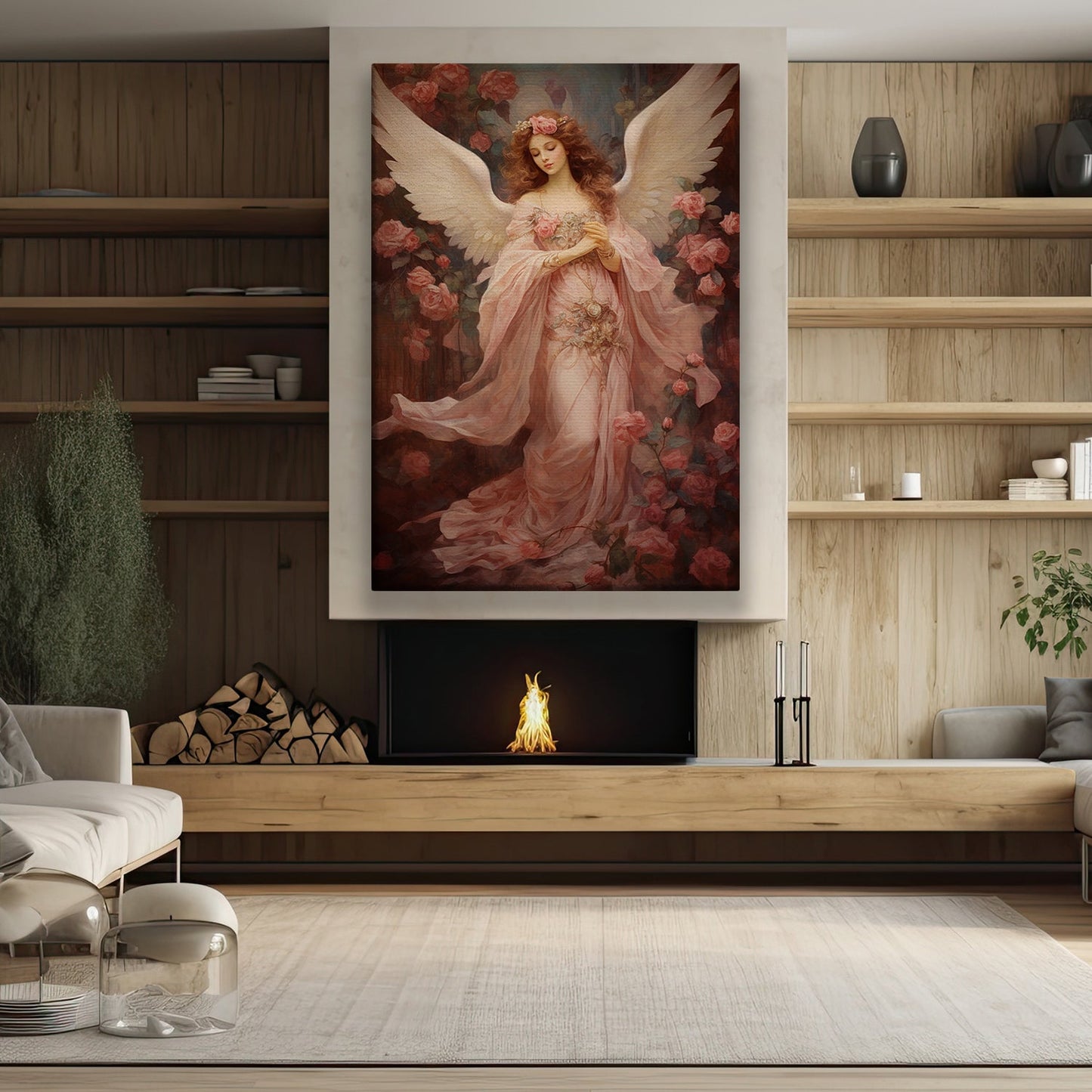 Seraphic Grace The Rose Guardian Christmas Canvas Painting, Xmas Wall Art Decor - Angel Poster Gift