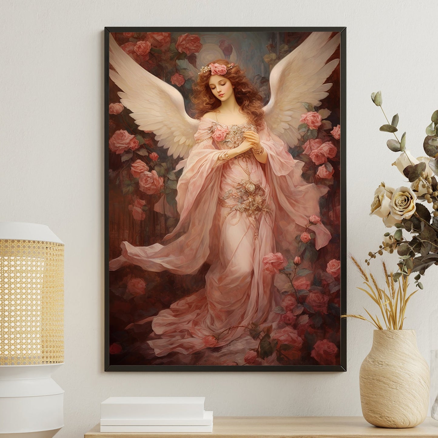 Seraphic Grace The Rose Guardian Christmas Canvas Painting, Xmas Wall Art Decor - Angel Poster Gift