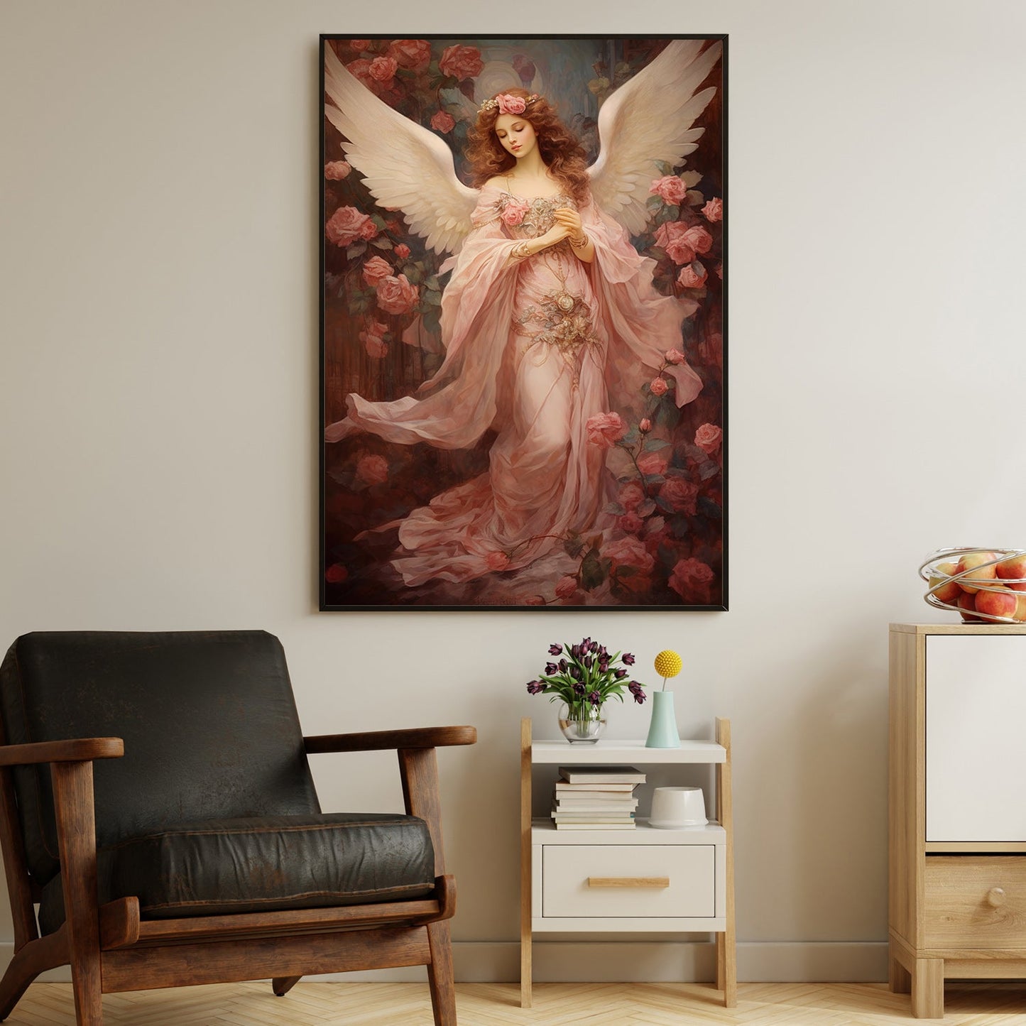 Seraphic Grace The Rose Guardian Christmas Canvas Painting, Xmas Wall Art Decor - Angel Poster Gift