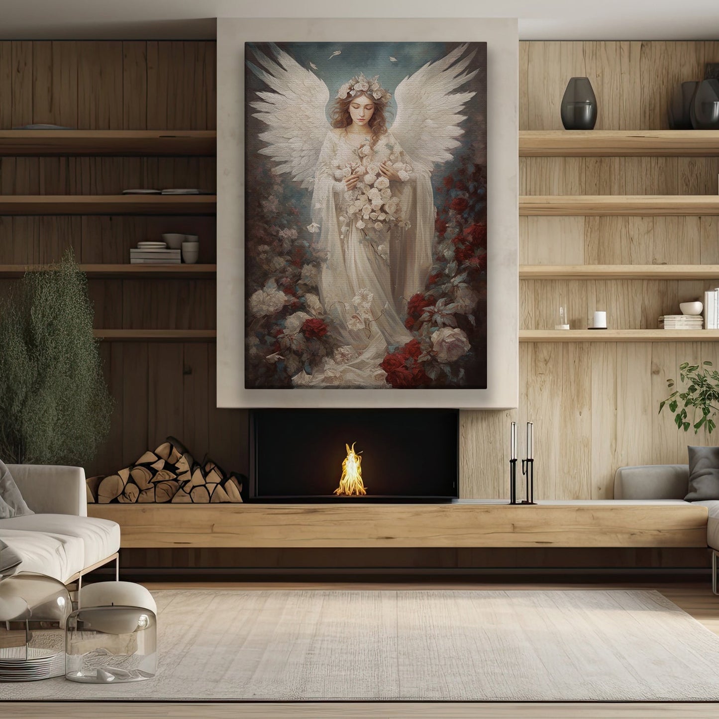 Divine Emissary Amidst the Floral Mist Christmas Canvas Painting, Xmas Wall Art Decor - Angel Poster Gift