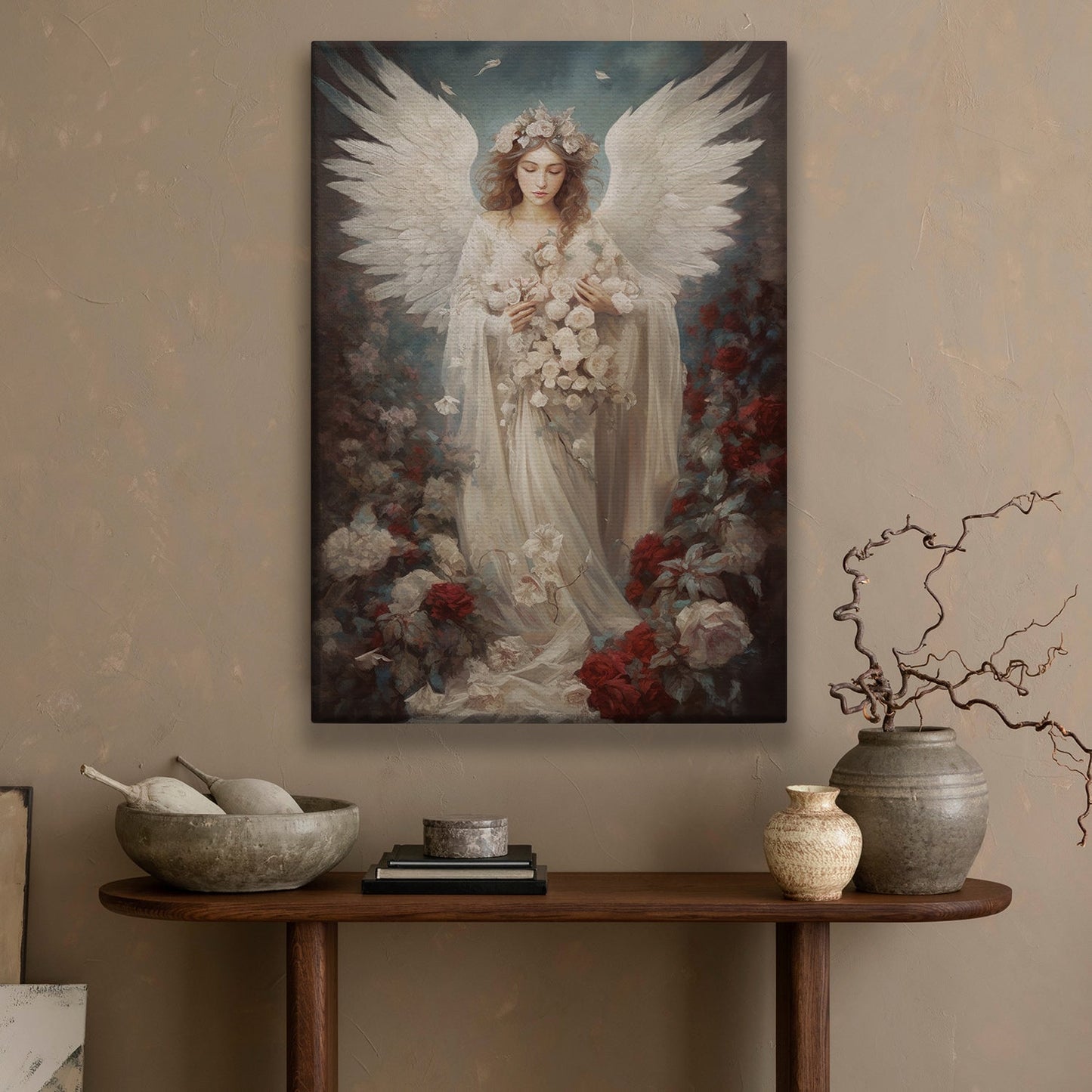 Divine Emissary Amidst the Floral Mist Christmas Canvas Painting, Xmas Wall Art Decor - Angel Poster Gift