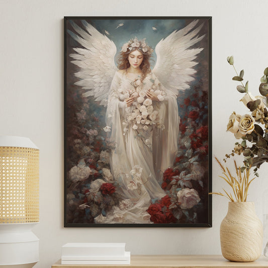 Divine Emissary Amidst the Floral Mist Christmas Canvas Painting, Xmas Wall Art Decor - Angel Poster Gift