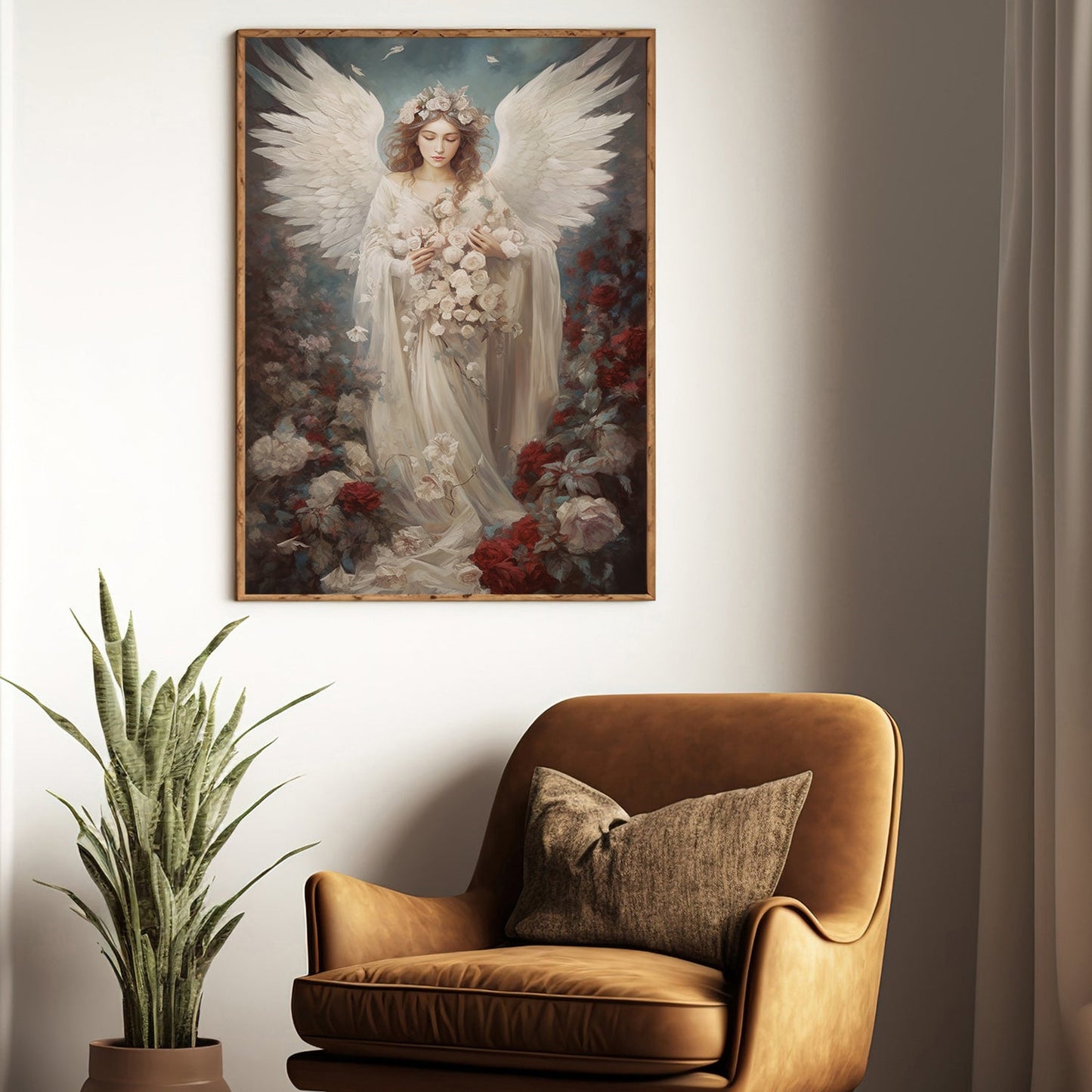 Divine Emissary Amidst the Floral Mist Christmas Canvas Painting, Xmas Wall Art Decor - Angel Poster Gift