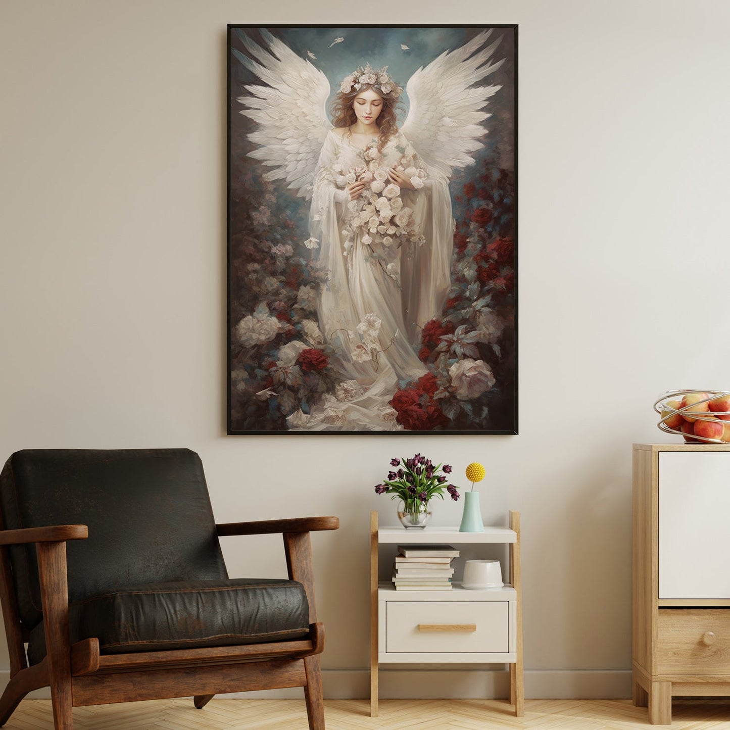 Divine Emissary Amidst the Floral Mist Christmas Canvas Painting, Xmas Wall Art Decor - Angel Poster Gift