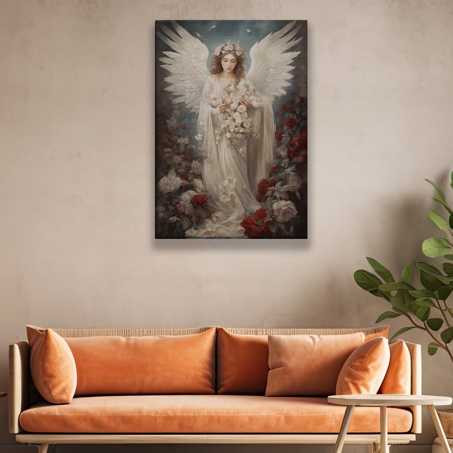 Divine Emissary Amidst the Floral Mist Christmas Canvas Painting, Xmas Wall Art Decor - Angel Poster Gift