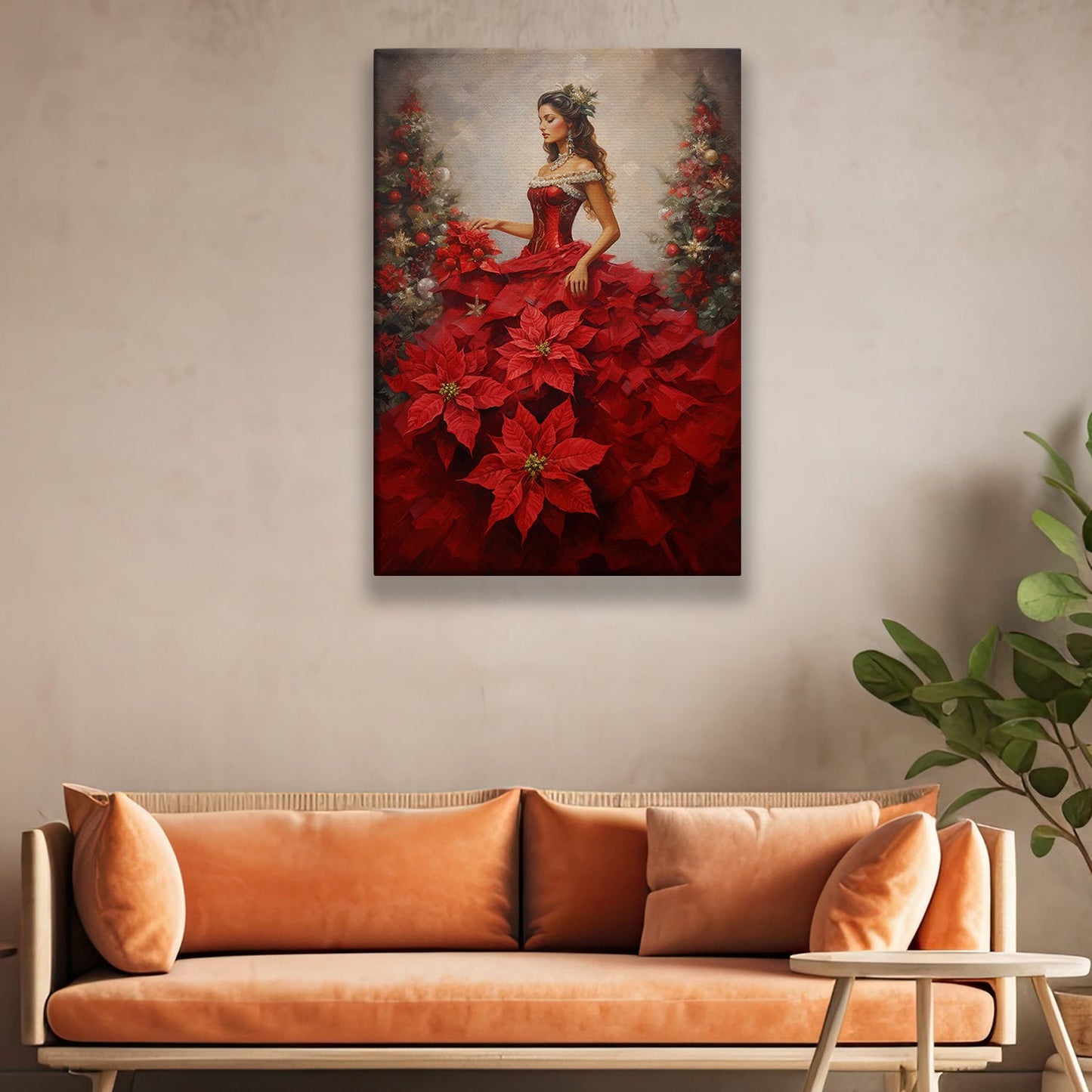 Poinsettia Princess A Dance of Festive Blooms Christmas Canvas Painting, Xmas Wall Art Decor - Angel Poster Gift