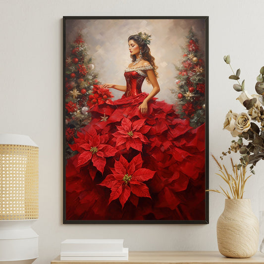 Poinsettia Princess A Dance of Festive Blooms Christmas Canvas Painting, Xmas Wall Art Decor - Angel Poster Gift