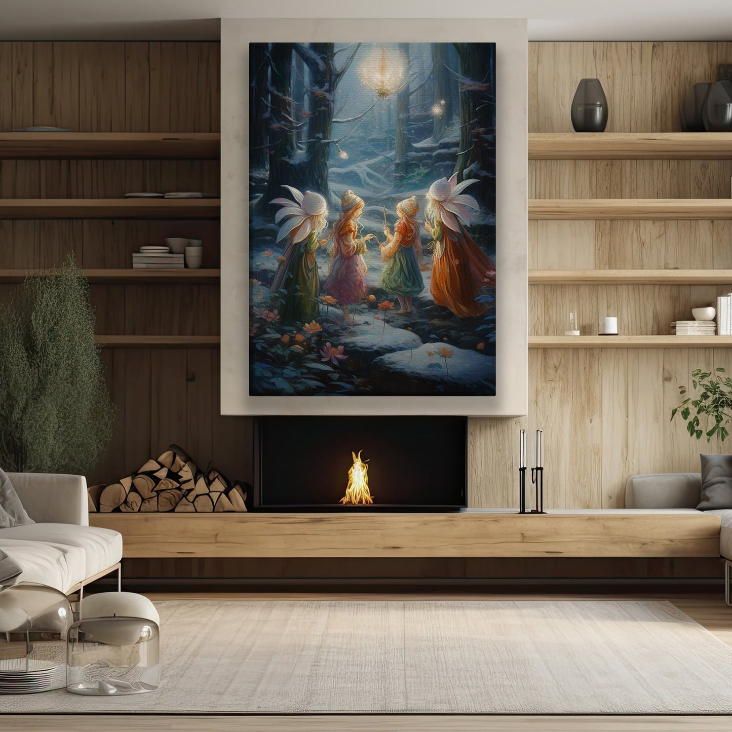 Enchanted Evening Whispers Among the Flower Fairies Christmas Canvas Painting, Xmas Wall Art Decor - Angel Poster Gift