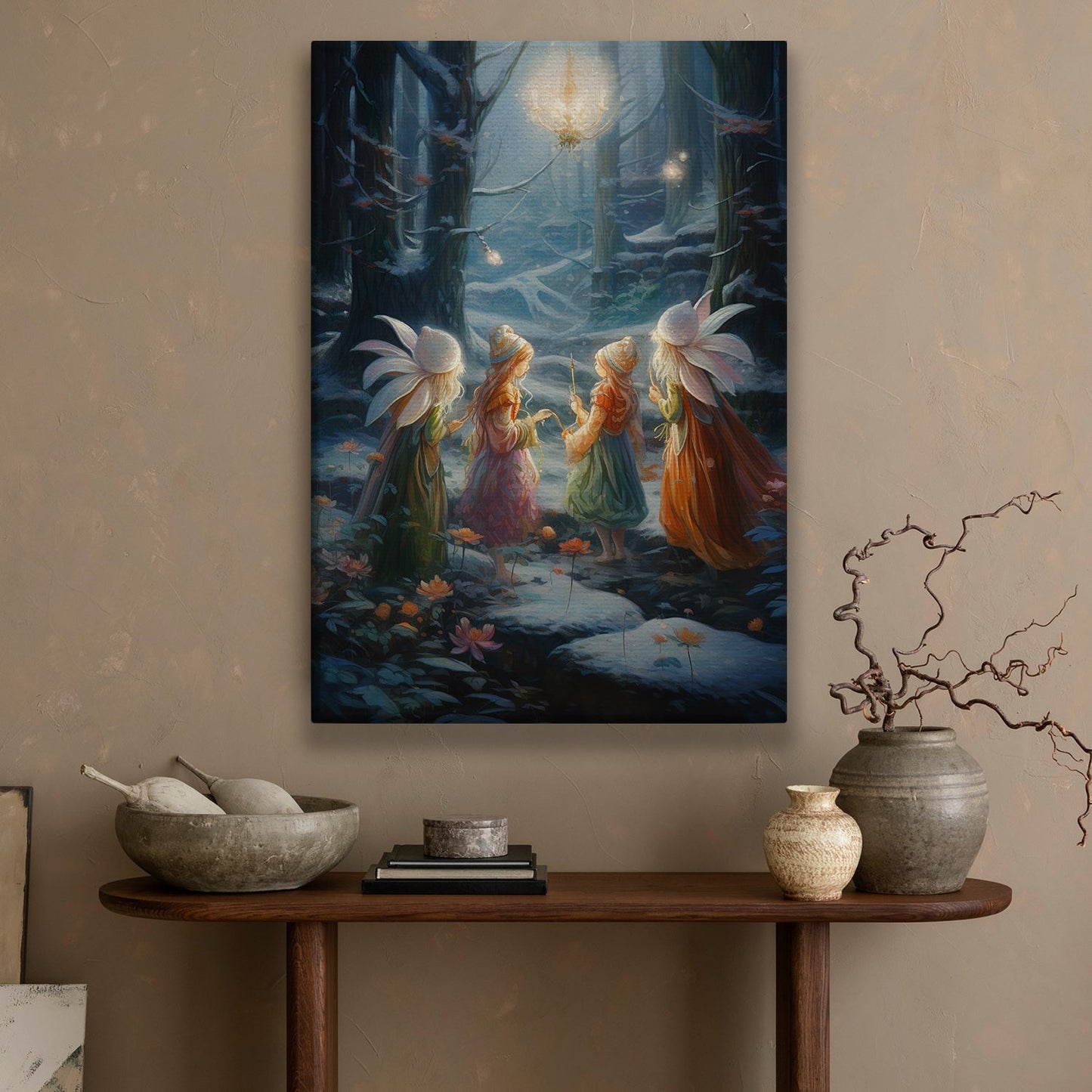 Enchanted Evening Whispers Among the Flower Fairies Christmas Canvas Painting, Xmas Wall Art Decor - Angel Poster Gift