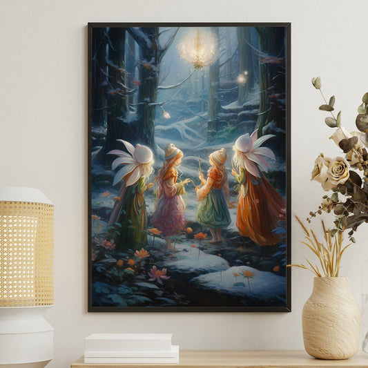 Enchanted Evening Whispers Among the Flower Fairies Christmas Canvas Painting, Xmas Wall Art Decor - Angel Poster Gift