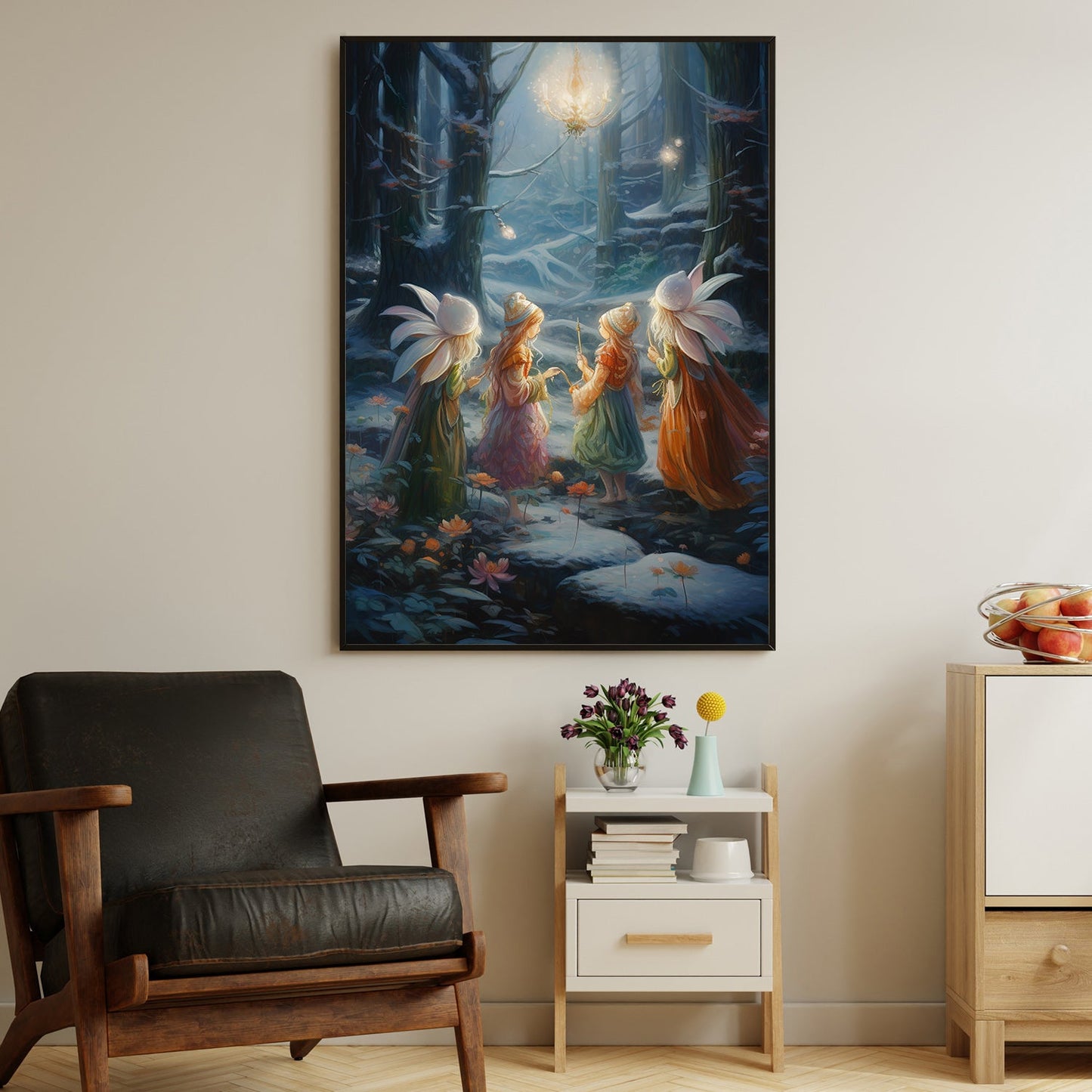 Enchanted Evening Whispers Among the Flower Fairies Christmas Canvas Painting, Xmas Wall Art Decor - Angel Poster Gift