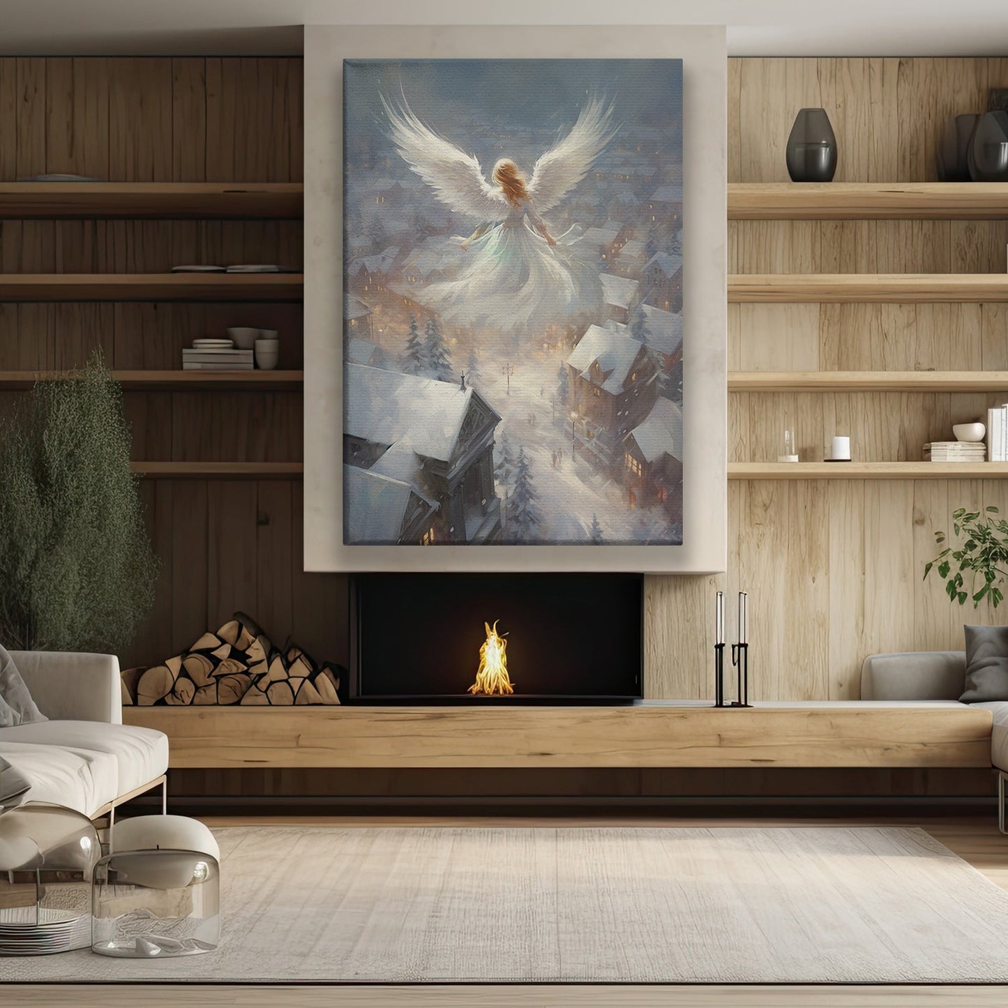 Seraphic Guardian A Winter's Embrace Over the Village Christmas Canvas Painting, Xmas Wall Art Decor - Angel Poster Gift