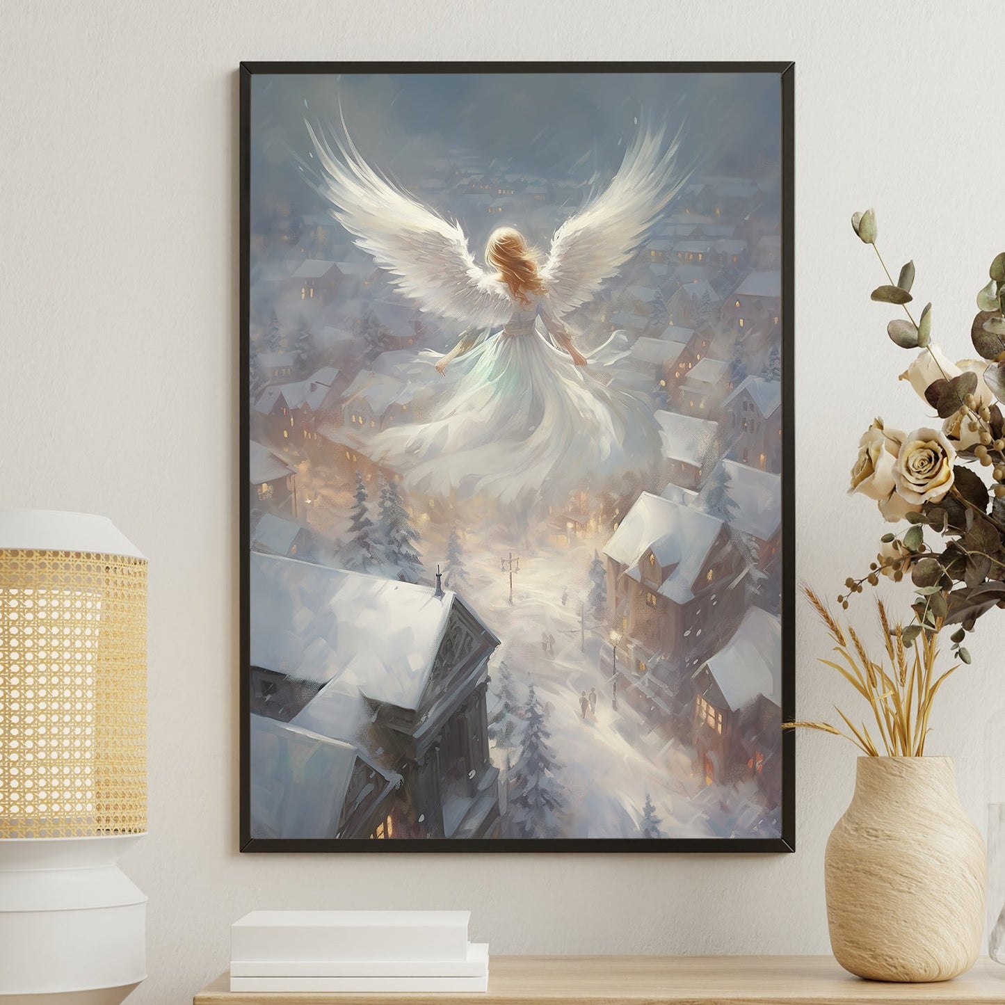 Seraphic Guardian A Winter's Embrace Over the Village Christmas Canvas Painting, Xmas Wall Art Decor - Angel Poster Gift