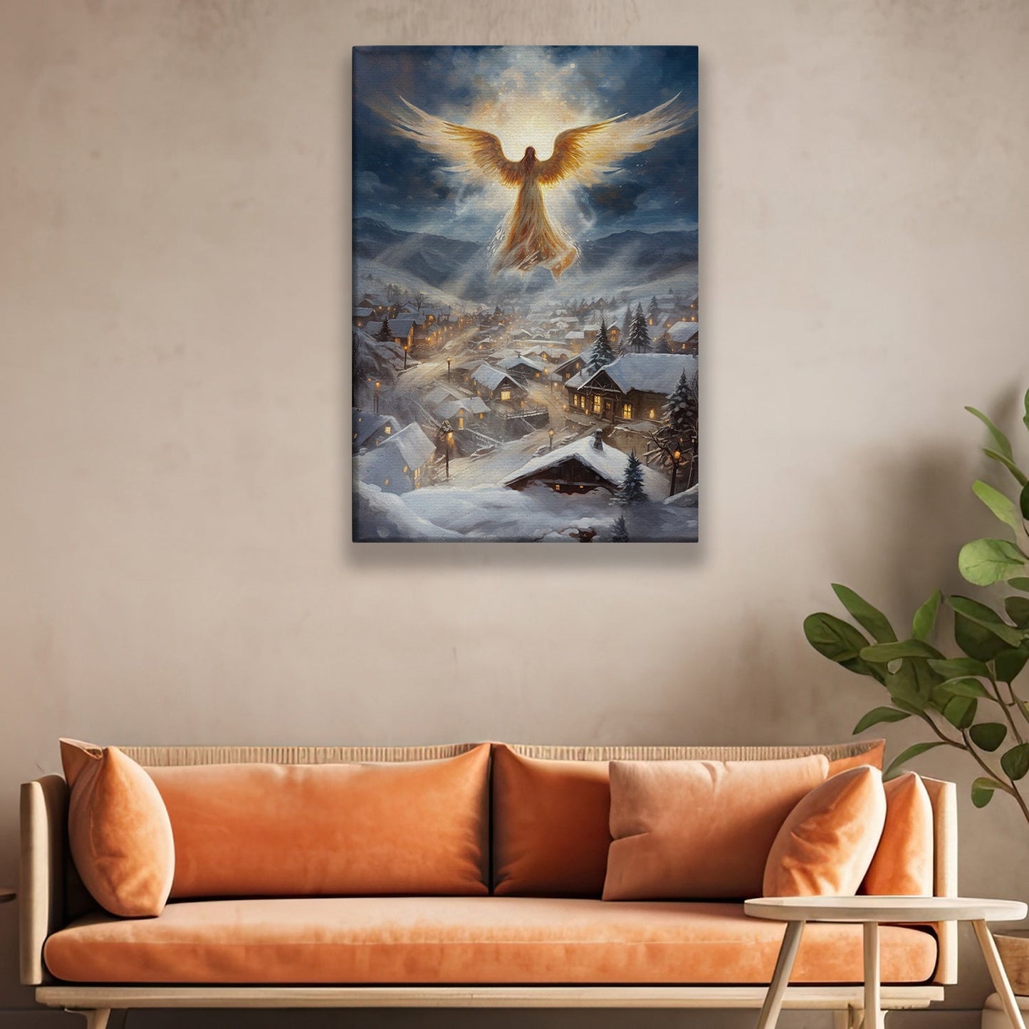 Divine Watcher Winter's Serene Embrace Christmas Canvas Painting, Xmas Wall Art Decor - Angel Poster Gift