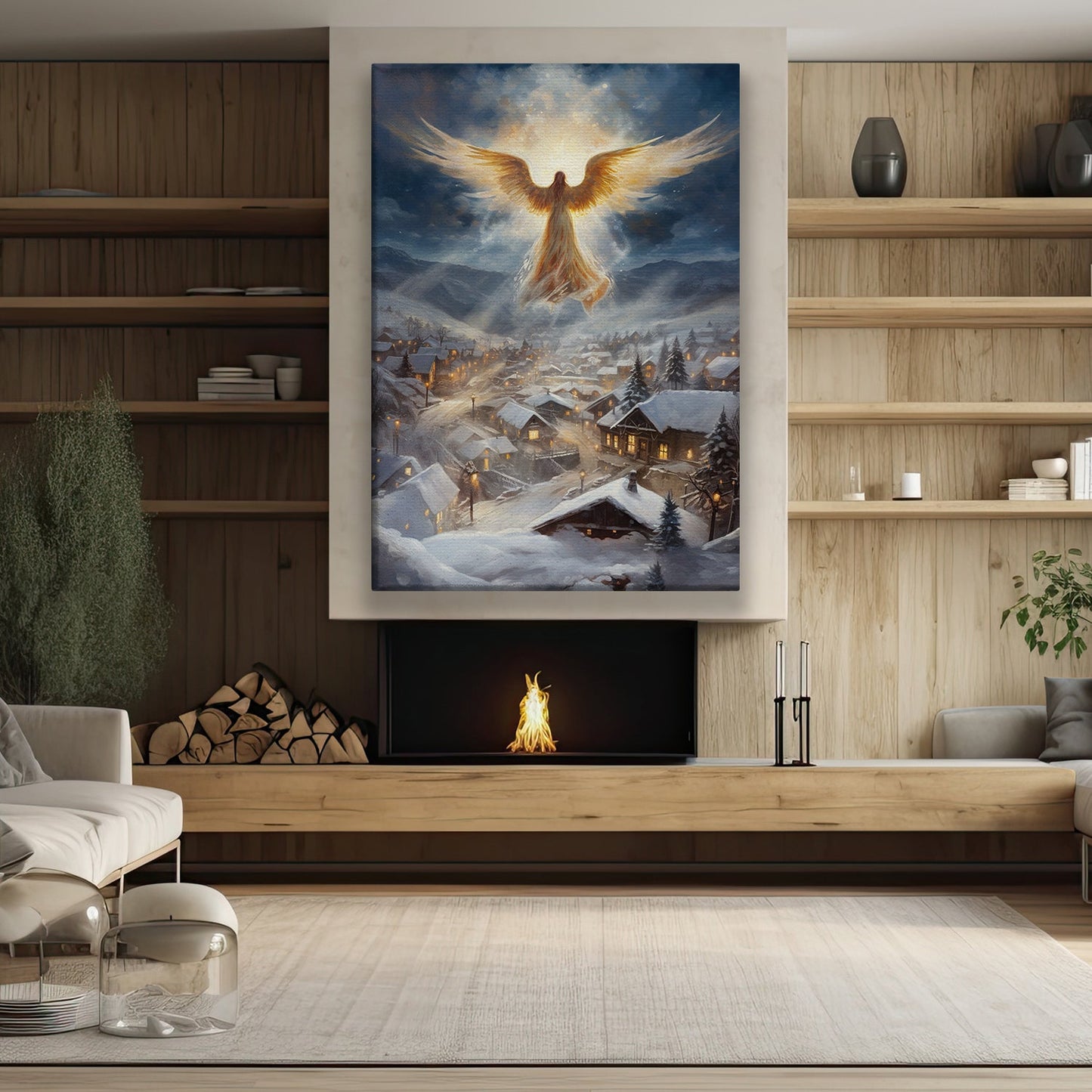 Divine Watcher Winter's Serene Embrace Christmas Canvas Painting, Xmas Wall Art Decor - Angel Poster Gift