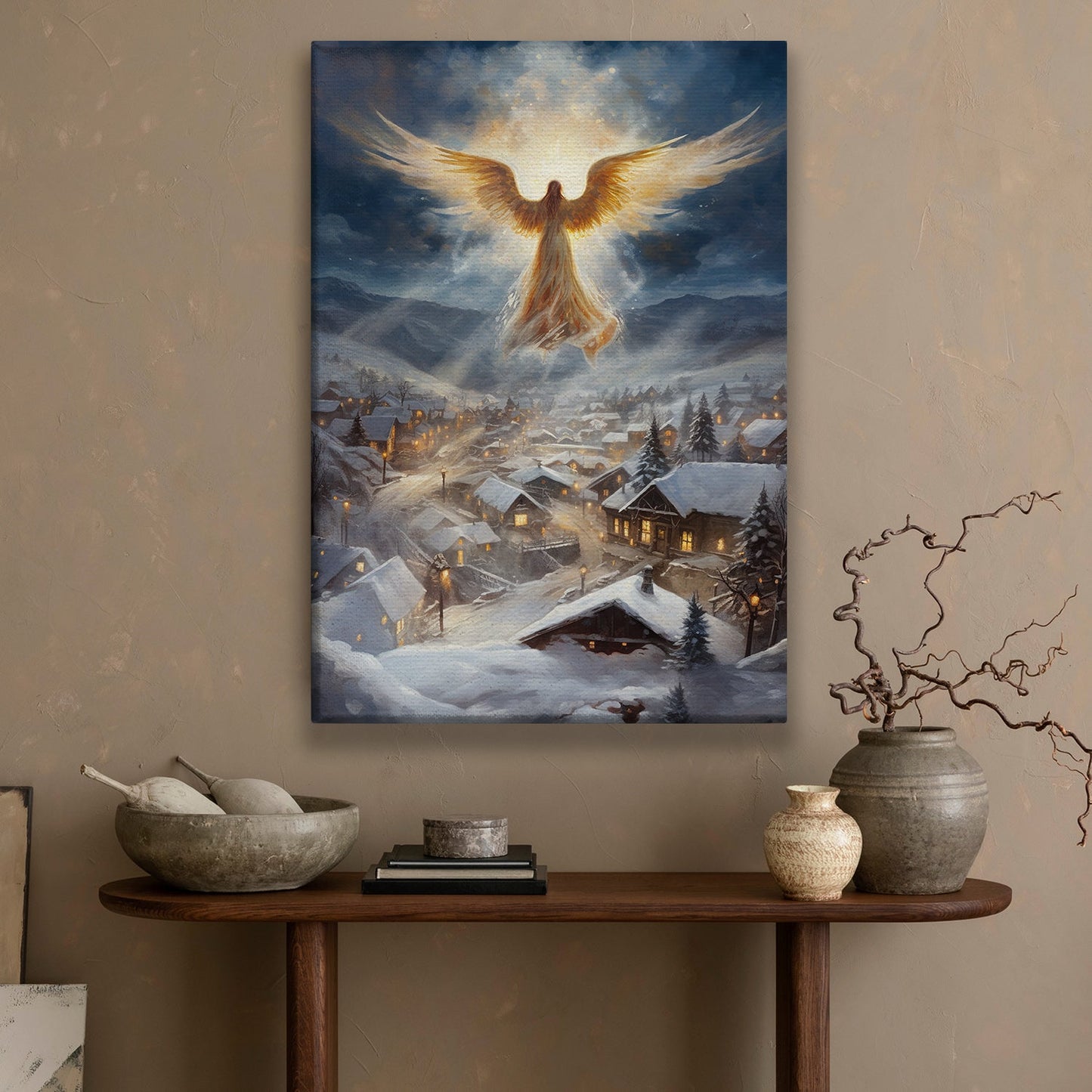 Divine Watcher Winter's Serene Embrace Christmas Canvas Painting, Xmas Wall Art Decor - Angel Poster Gift