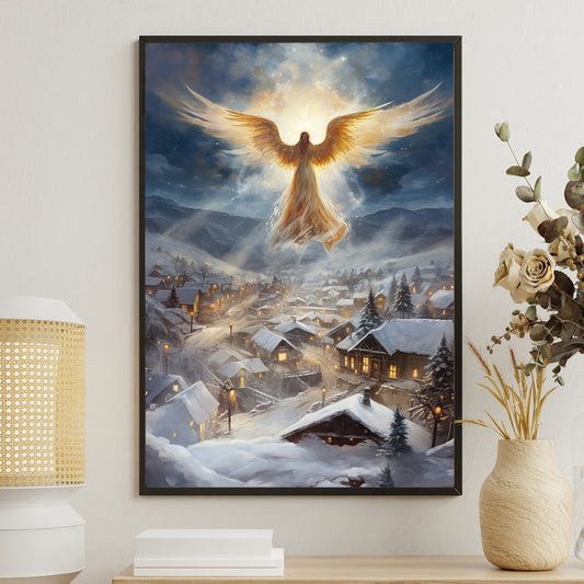 Divine Watcher Winter's Serene Embrace Christmas Canvas Painting, Xmas Wall Art Decor - Angel Poster Gift