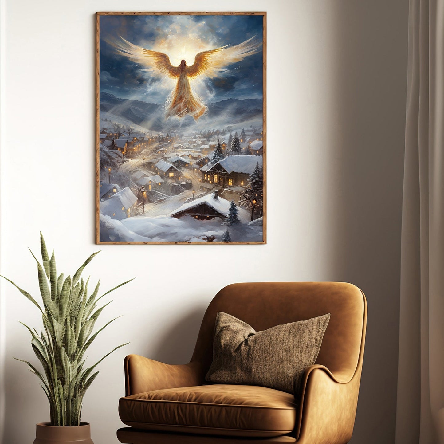 Divine Watcher Winter's Serene Embrace Christmas Canvas Painting, Xmas Wall Art Decor - Angel Poster Gift