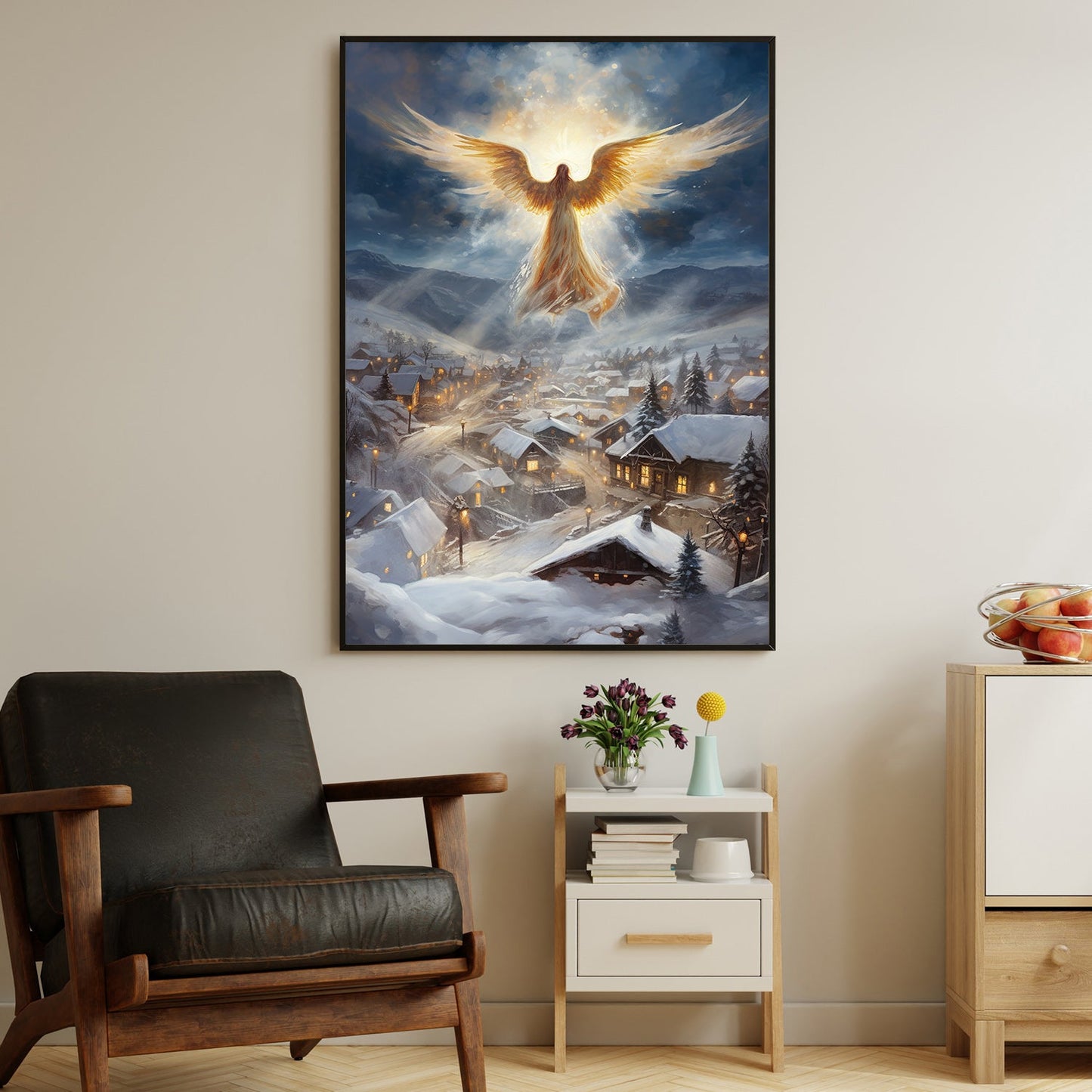 Divine Watcher Winter's Serene Embrace Christmas Canvas Painting, Xmas Wall Art Decor - Angel Poster Gift