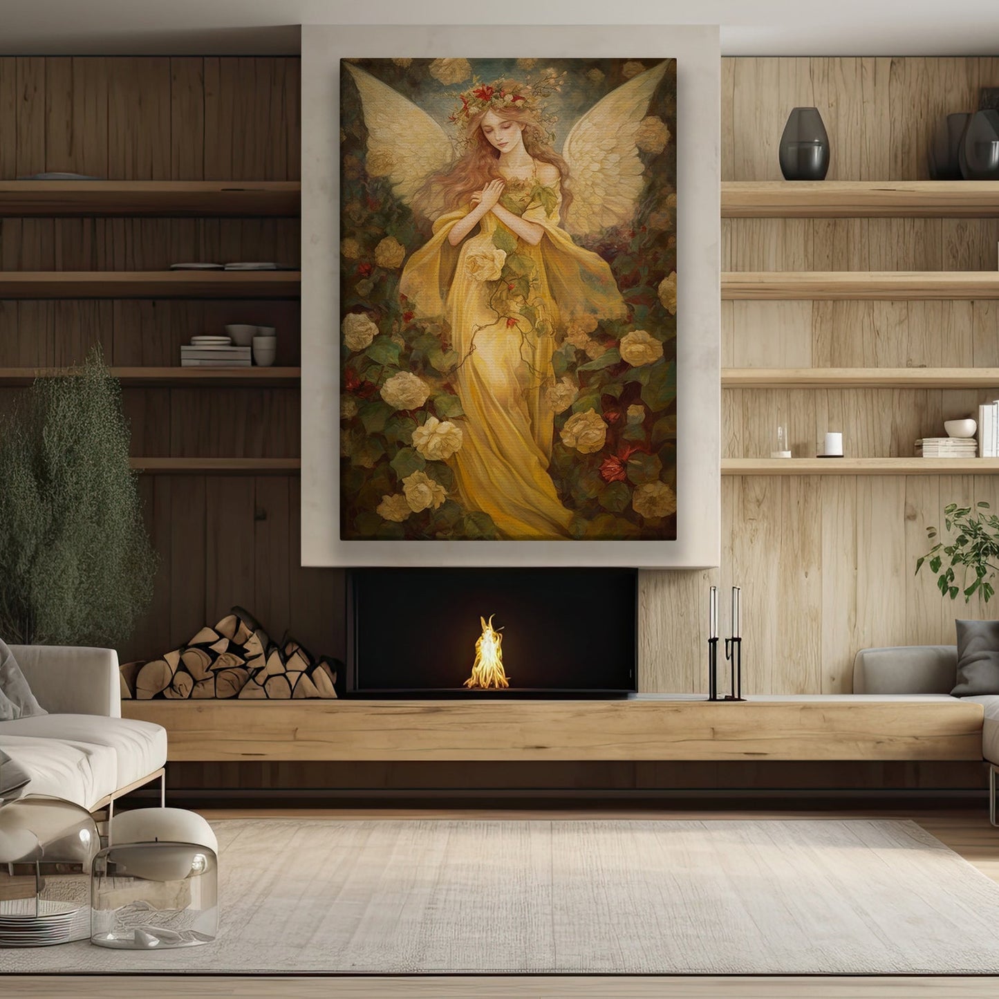 Enchanted Serenity The Garden's Guardian Angel Christmas Canvas Painting, Xmas Wall Art Decor - Angel Poster Gift