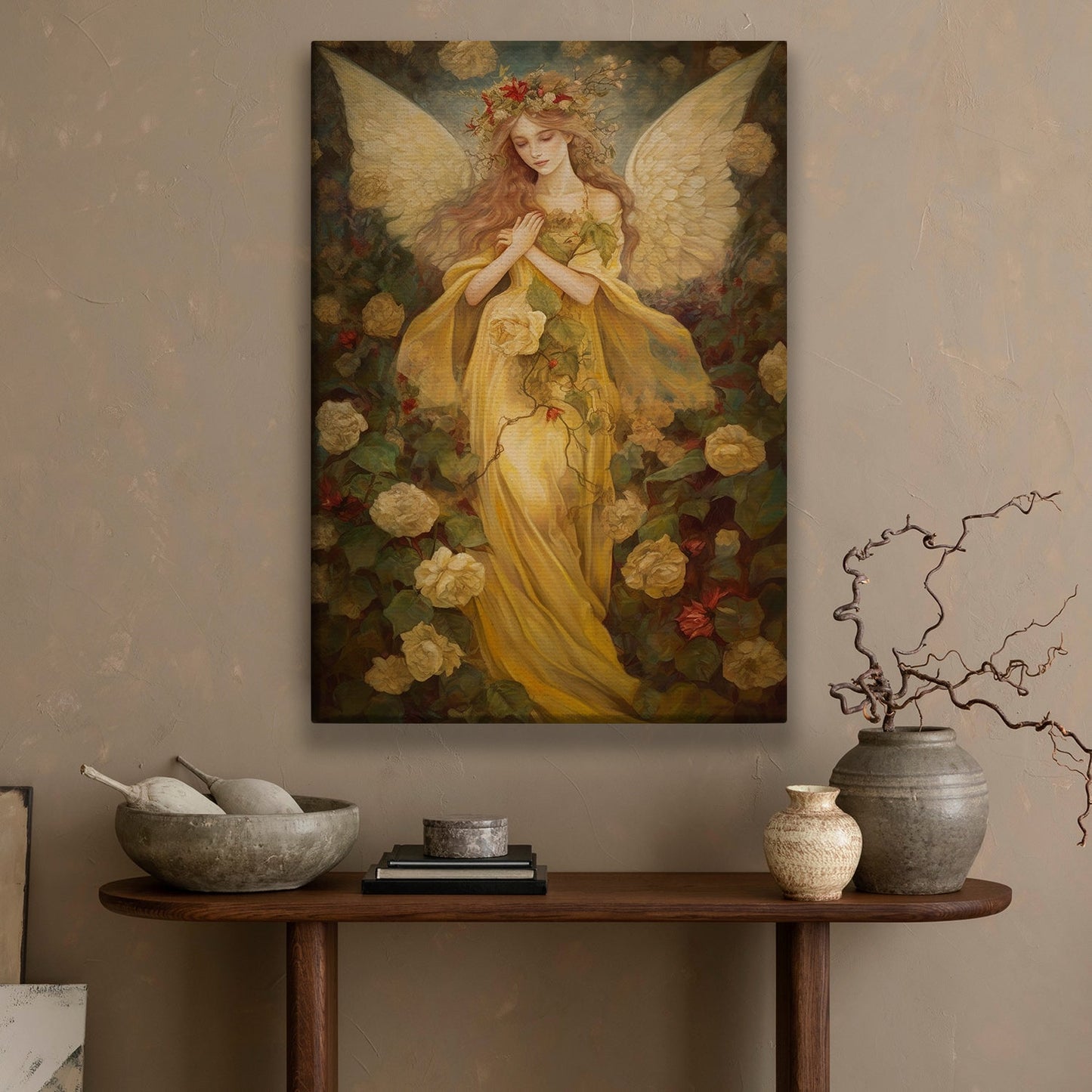 Enchanted Serenity The Garden's Guardian Angel Christmas Canvas Painting, Xmas Wall Art Decor - Angel Poster Gift