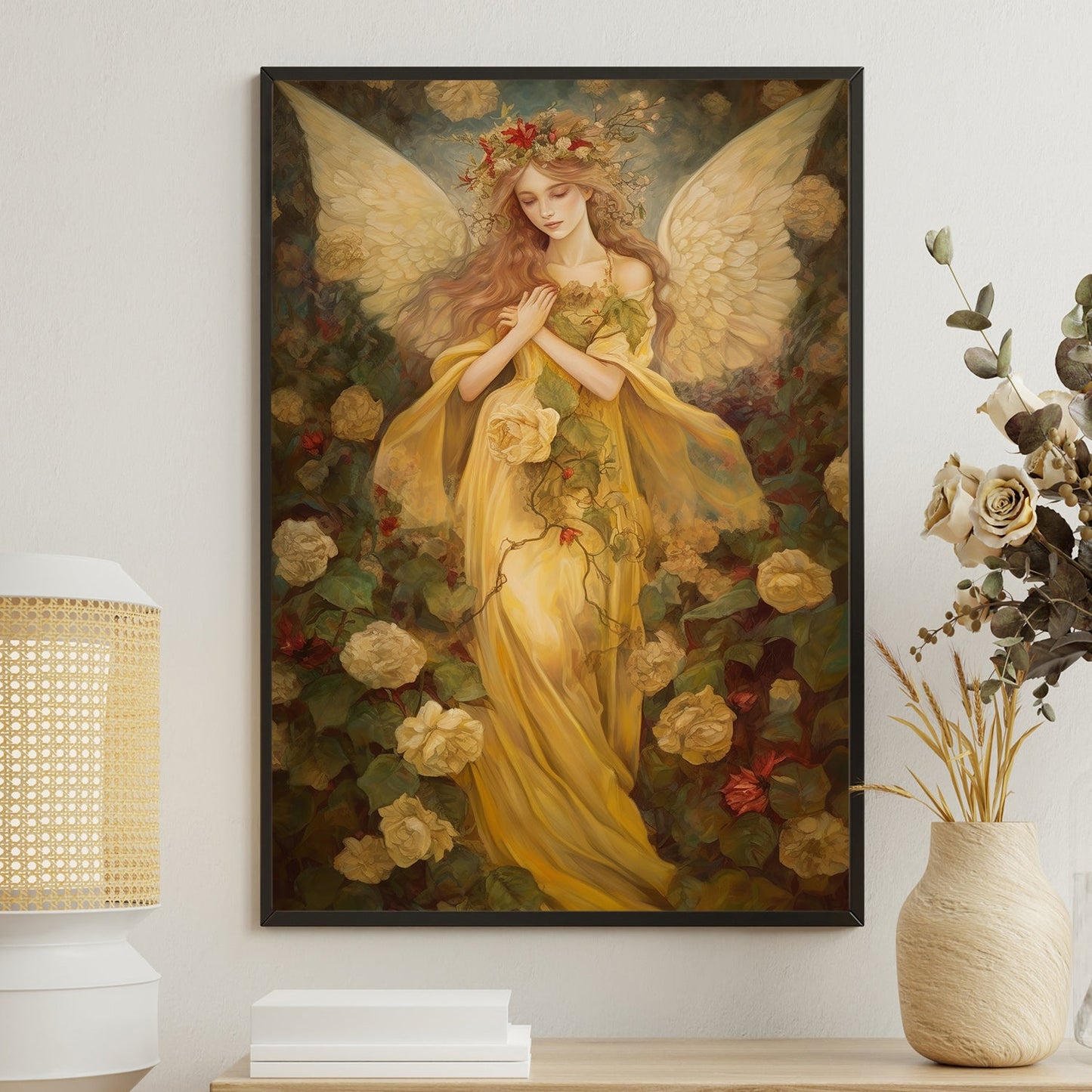 Enchanted Serenity The Garden's Guardian Angel Christmas Canvas Painting, Xmas Wall Art Decor - Angel Poster Gift