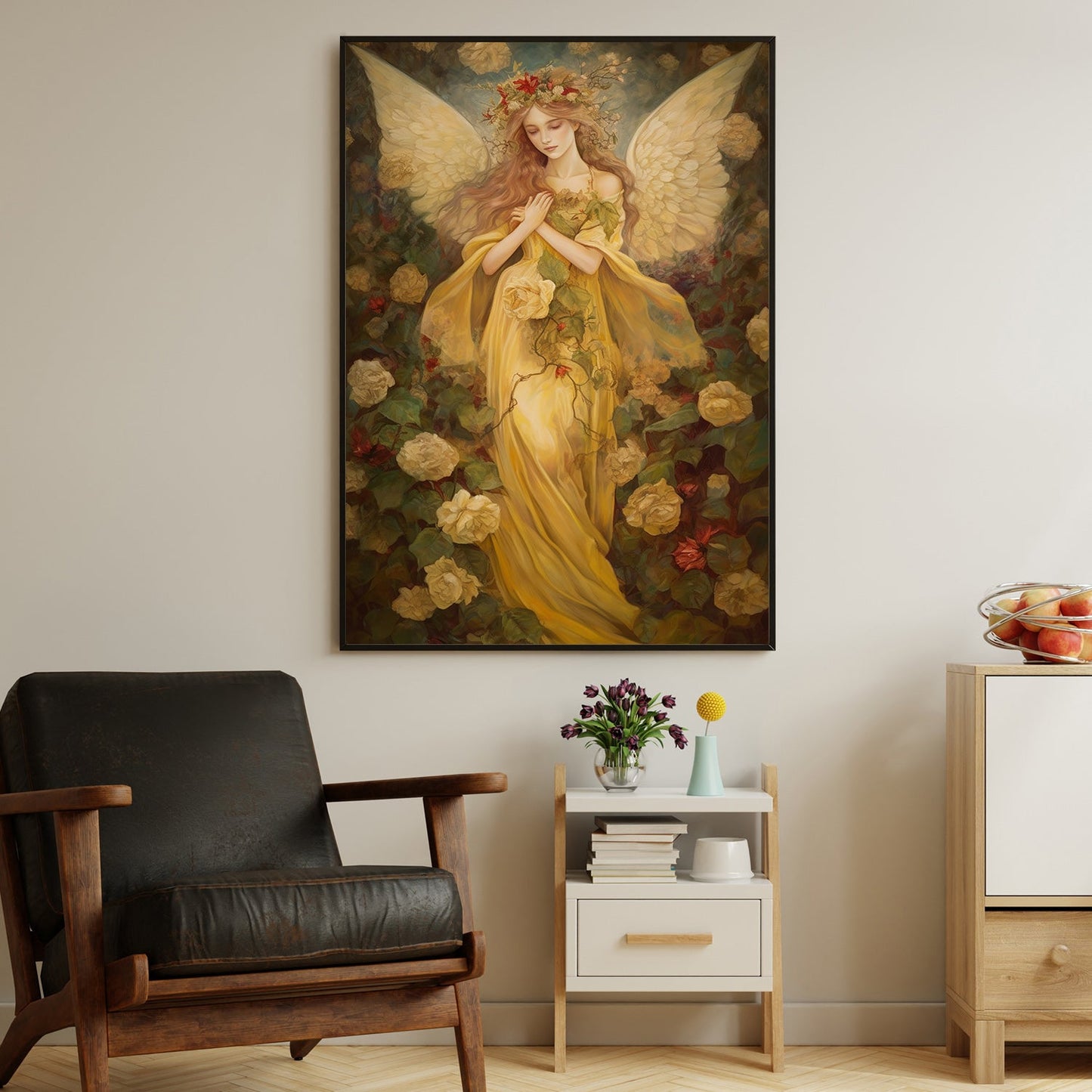 Enchanted Serenity The Garden's Guardian Angel Christmas Canvas Painting, Xmas Wall Art Decor - Angel Poster Gift