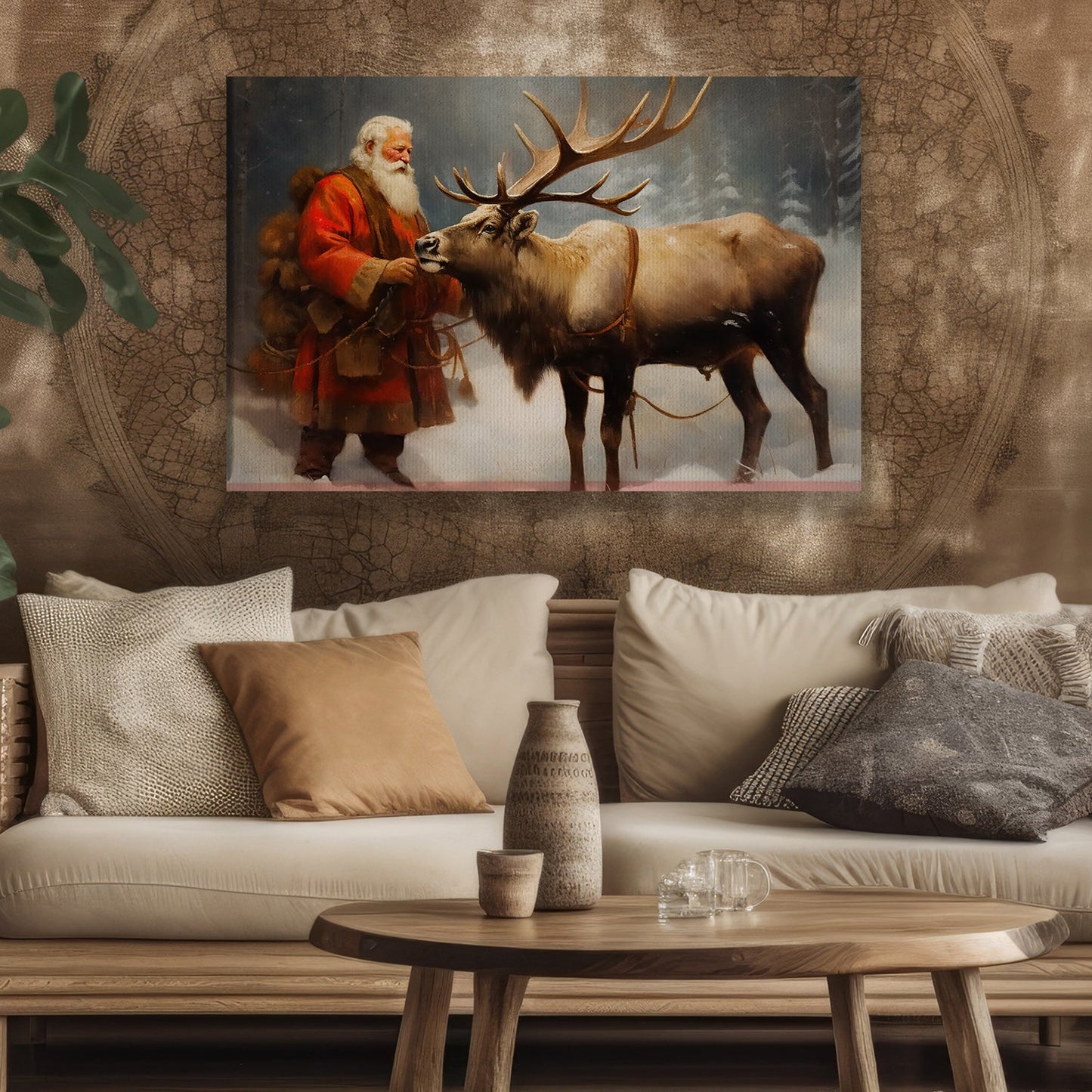 Santa Claus and His Majestic Reindeer in the Snowy Wilderness Christmas Canvas Painting, Xmas Wall Art Decor - Santa Claus Poster Gift