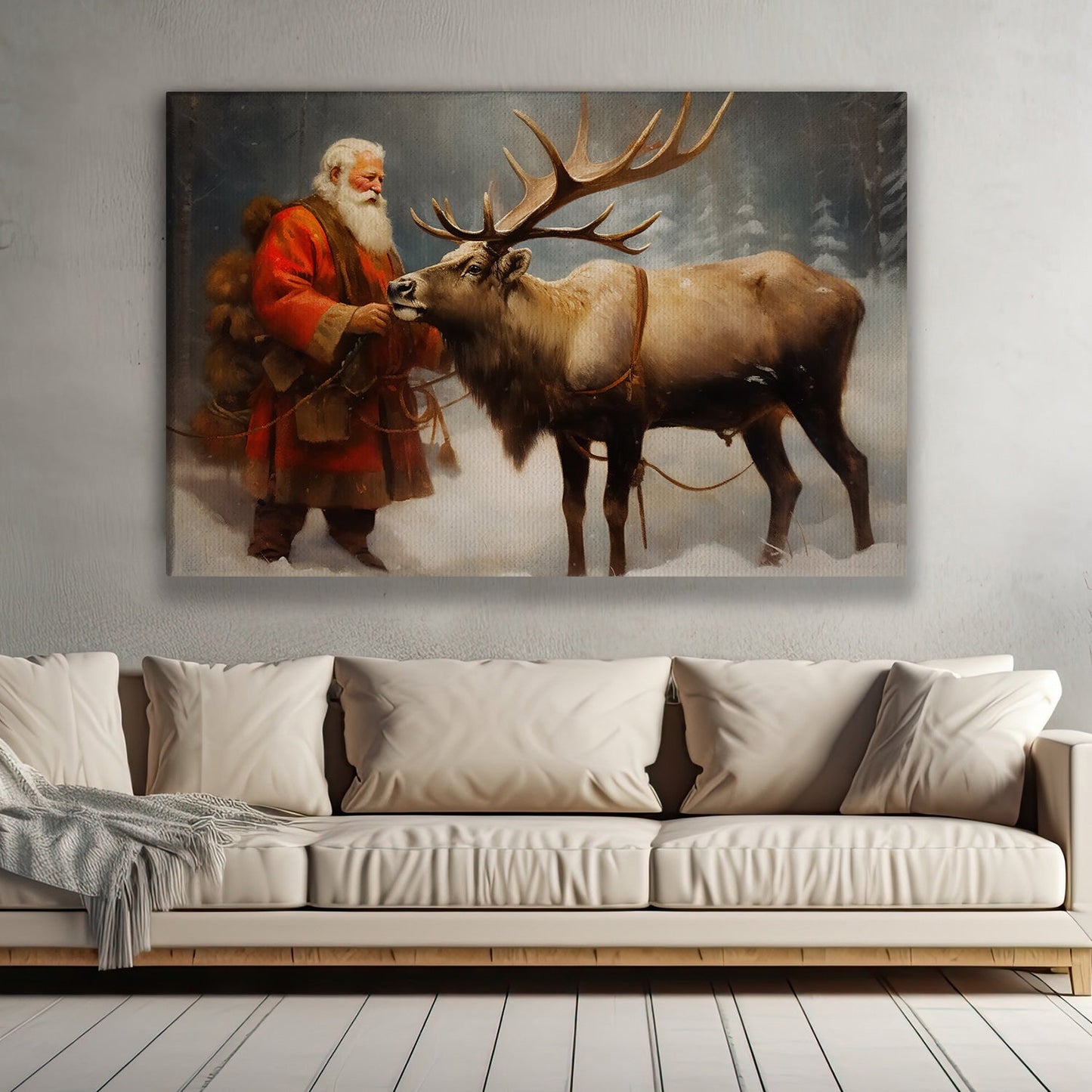 Santa Claus and His Majestic Reindeer in the Snowy Wilderness Christmas Canvas Painting, Xmas Wall Art Decor - Santa Claus Poster Gift