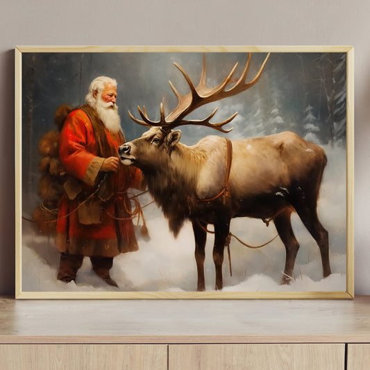 Santa Claus and His Majestic Reindeer in the Snowy Wilderness Christmas Canvas Painting, Xmas Wall Art Decor - Santa Claus Poster Gift