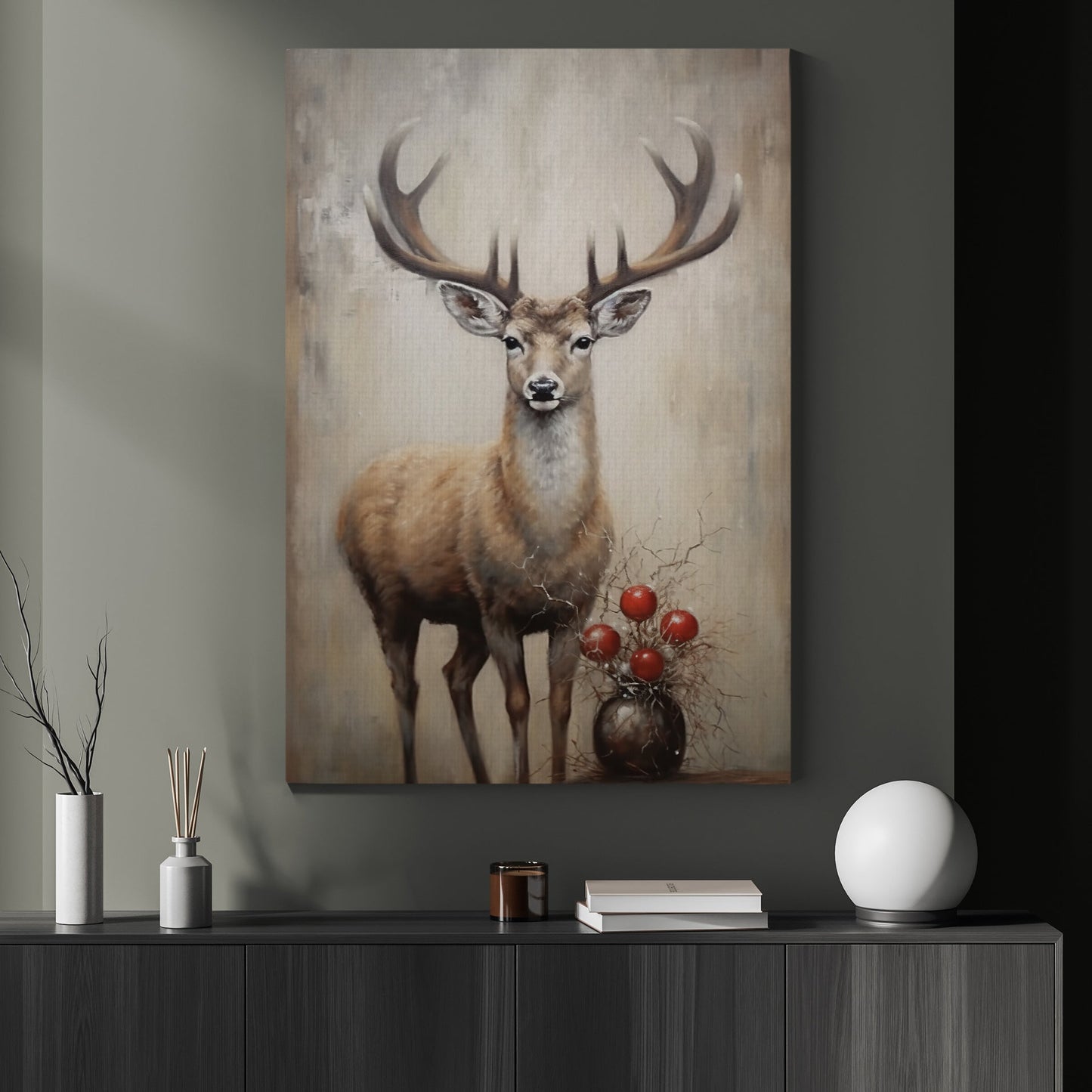 Serene Reindeer Portrait, Deer Christmas Canvas Painting, Xmas Wall Art Decor - Christmas Poster Gift For Deer Lovers