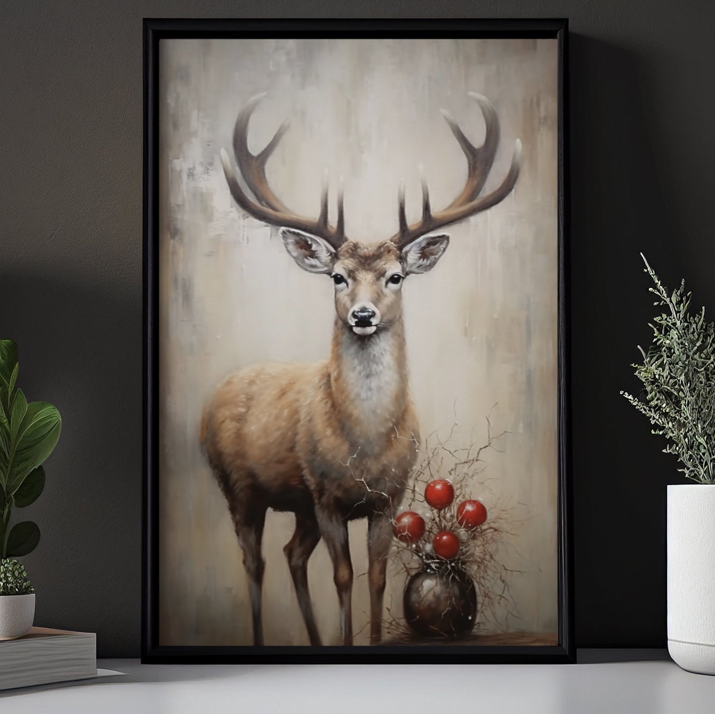 Serene Reindeer Portrait, Deer Christmas Canvas Painting, Xmas Wall Art Decor - Christmas Poster Gift For Deer Lovers