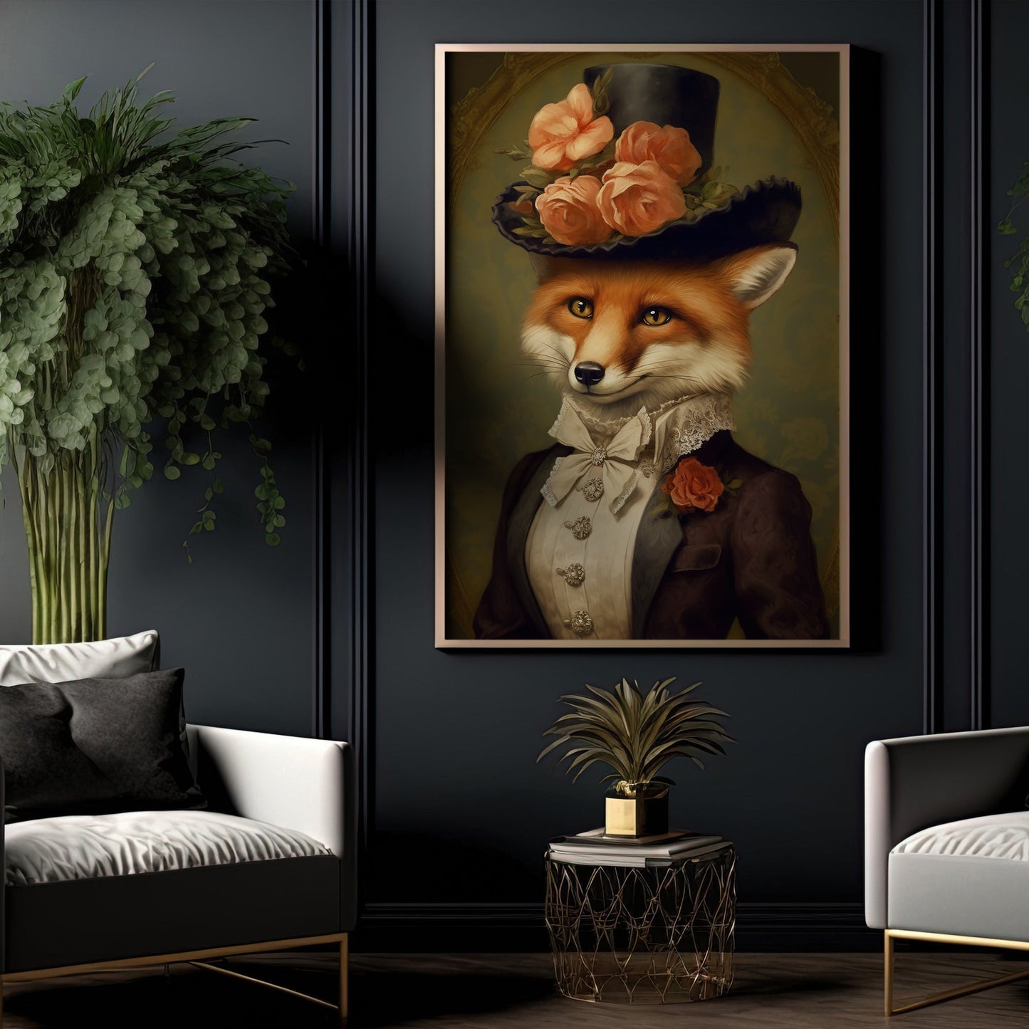 Fox in Floral Top Hat, Victorian Fox Christmas Canvas Painting, Xmas Wall Art Decor - Christmas Poster Gift For Fox Lovers