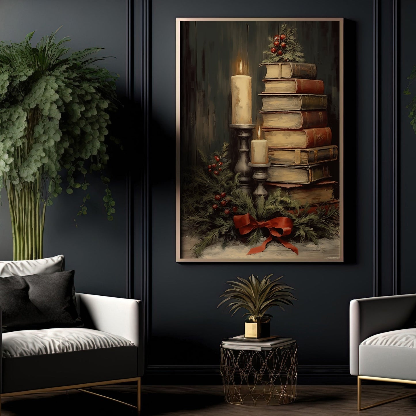 Yuletide Literary Glow, Christmas Canvas Painting, Xmas Wall Art Decor - Christmas Poster Gift