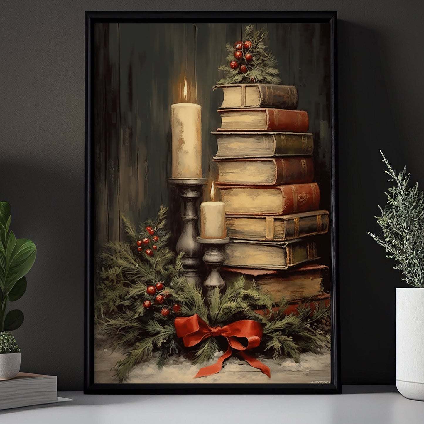 Yuletide Literary Glow, Christmas Canvas Painting, Xmas Wall Art Decor - Christmas Poster Gift