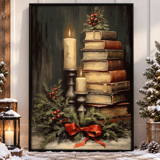 Yuletide Literary Glow, Christmas Canvas Painting, Xmas Wall Art Decor - Christmas Poster Gift