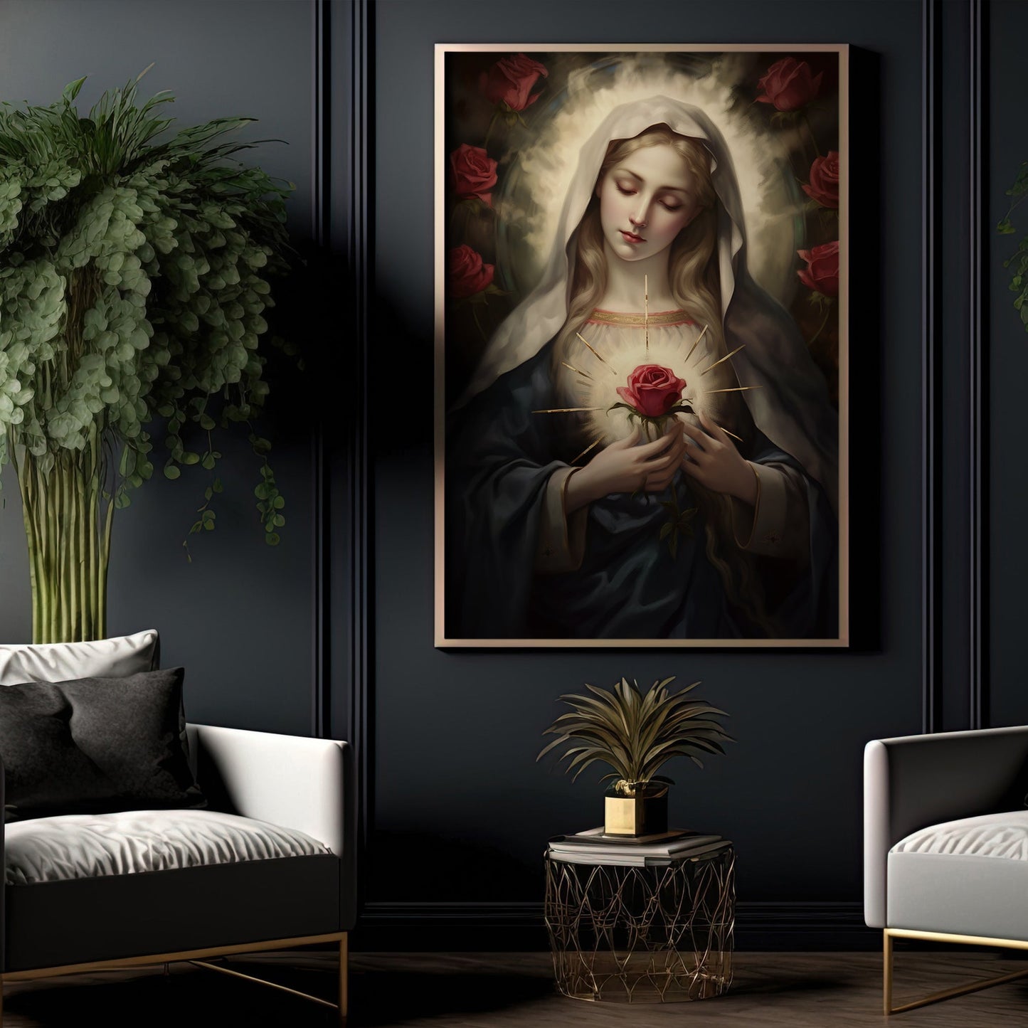 Divine Rose of Grace, Virgin Mary Christmas Canvas Painting, Xmas Wall Art Decor - Christmas Poster Gift