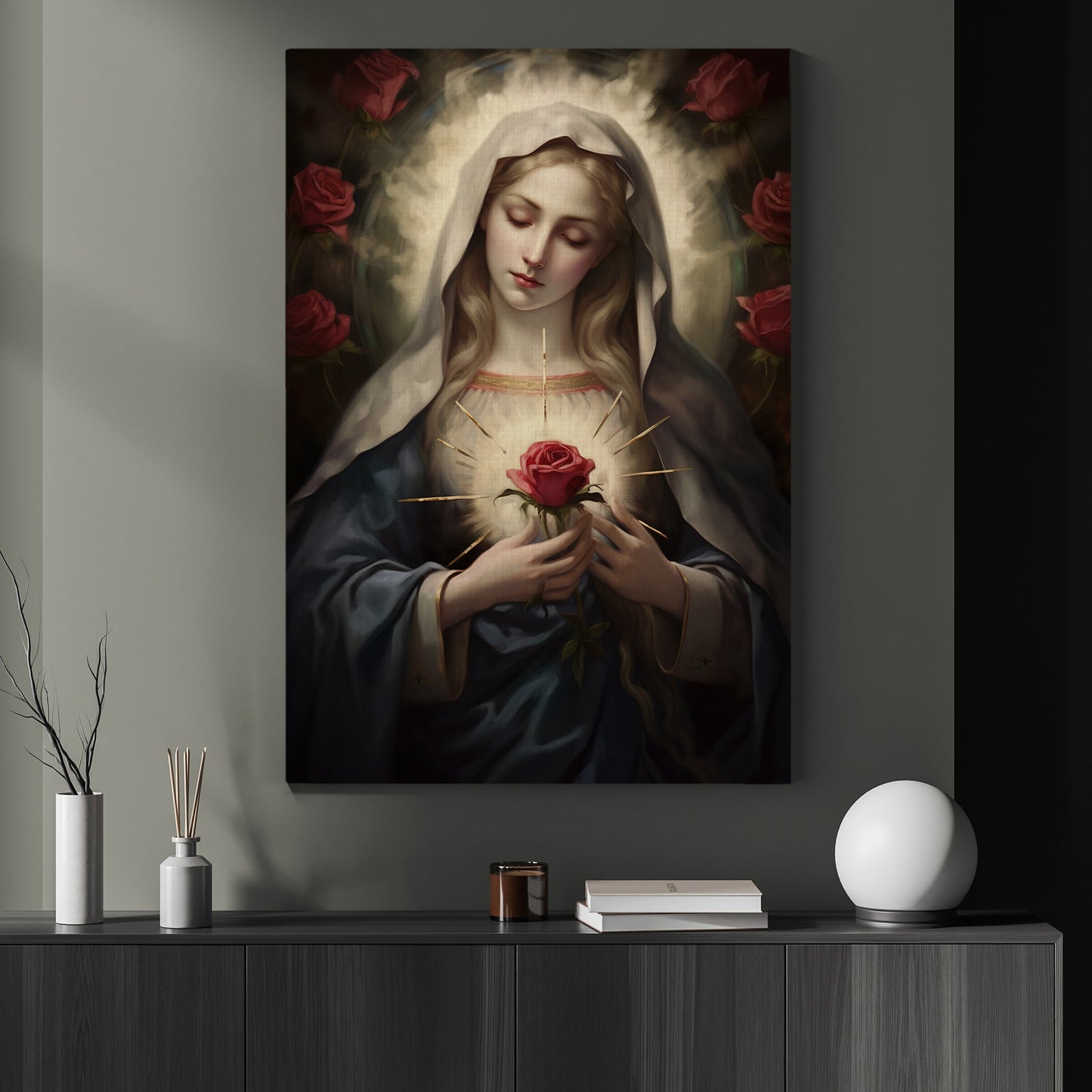 Divine Rose of Grace, Virgin Mary Christmas Canvas Painting, Xmas Wall Art Decor - Christmas Poster Gift