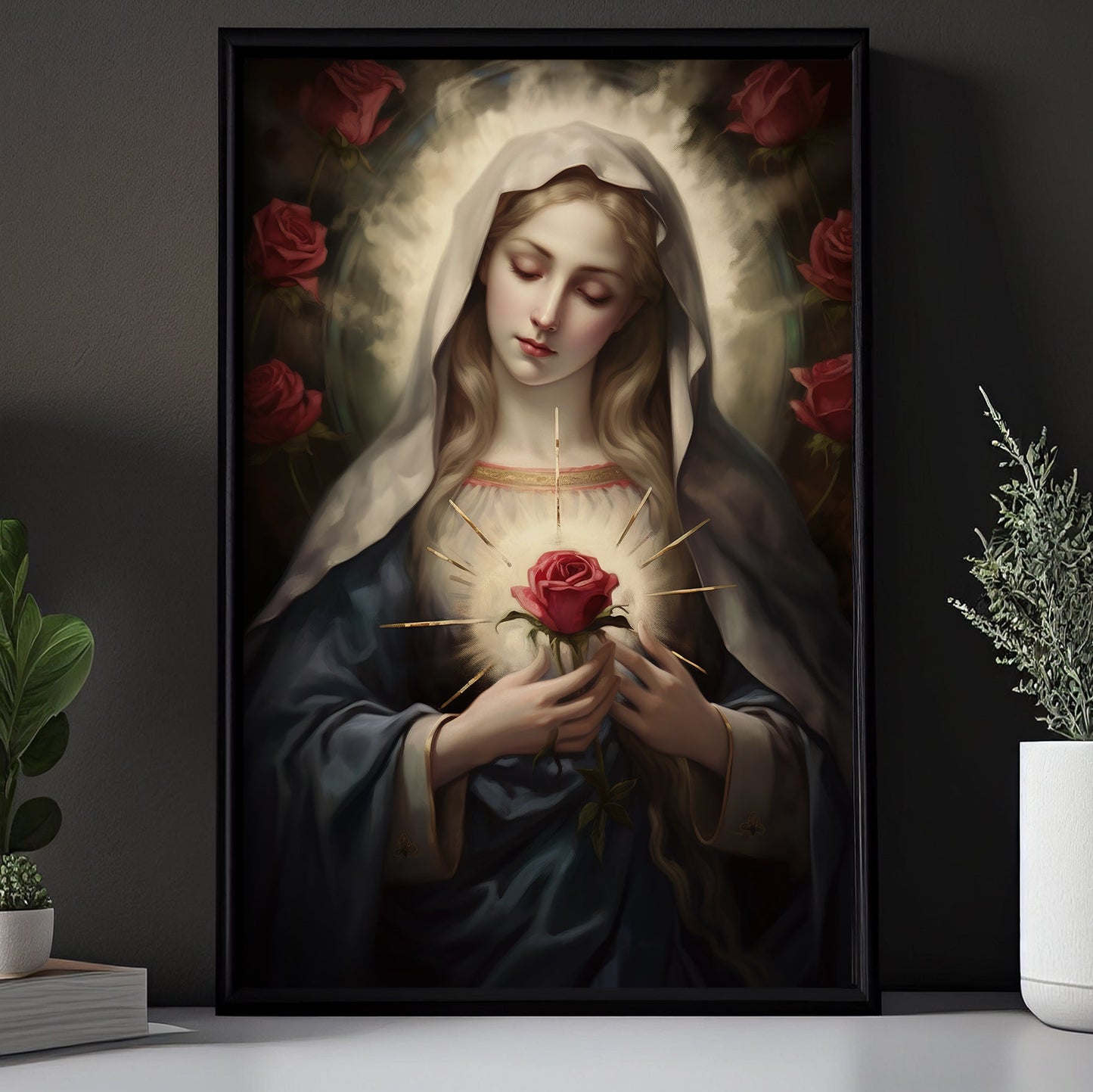 Divine Rose of Grace, Virgin Mary Christmas Canvas Painting, Xmas Wall Art Decor - Christmas Poster Gift