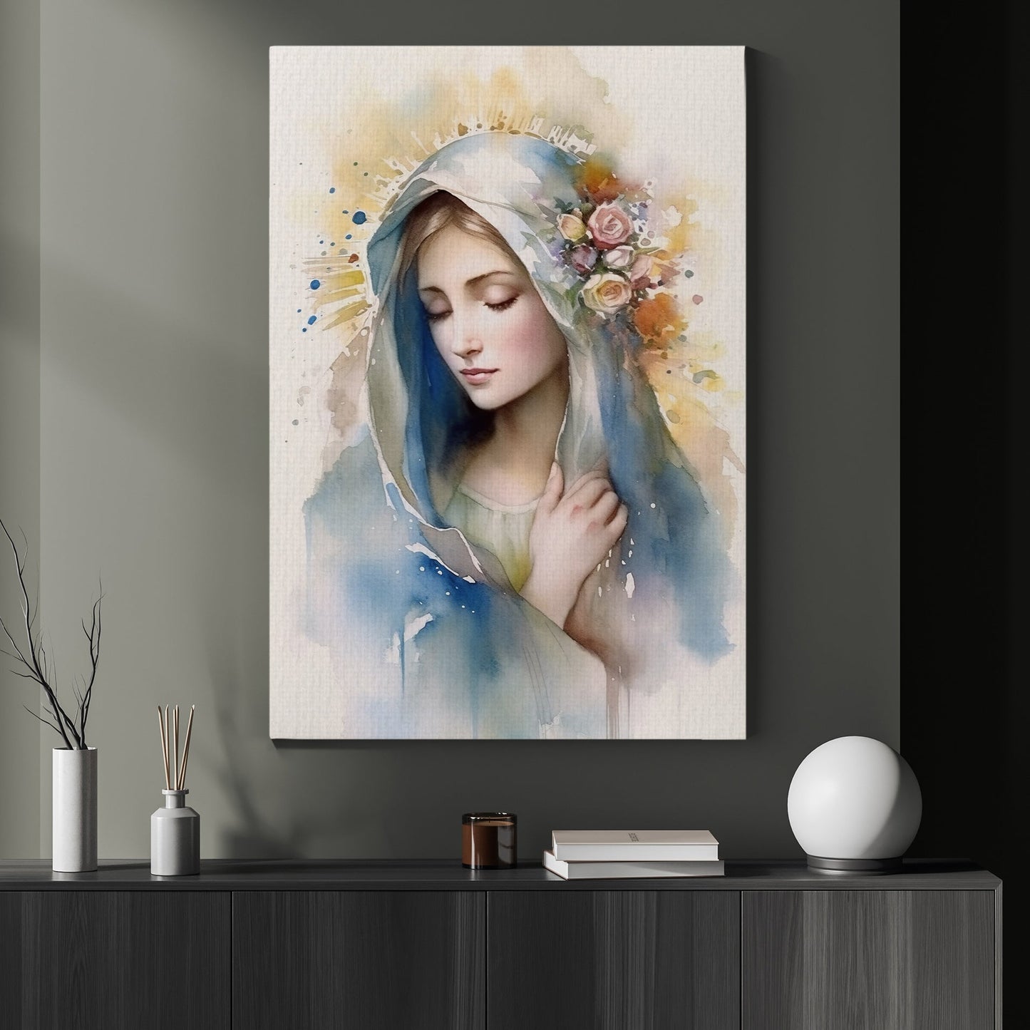 Serene Floral Grace, Virgin Mary Christmas Canvas Painting, Xmas Wall Art Decor - Christmas Poster Gift