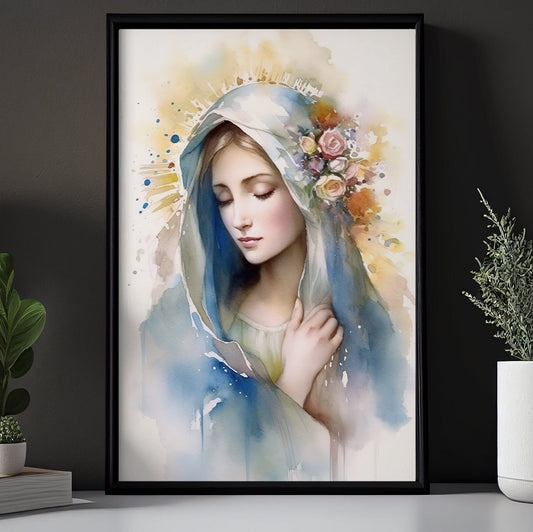 Serene Floral Grace, Virgin Mary Christmas Canvas Painting, Xmas Wall Art Decor - Christmas Poster Gift