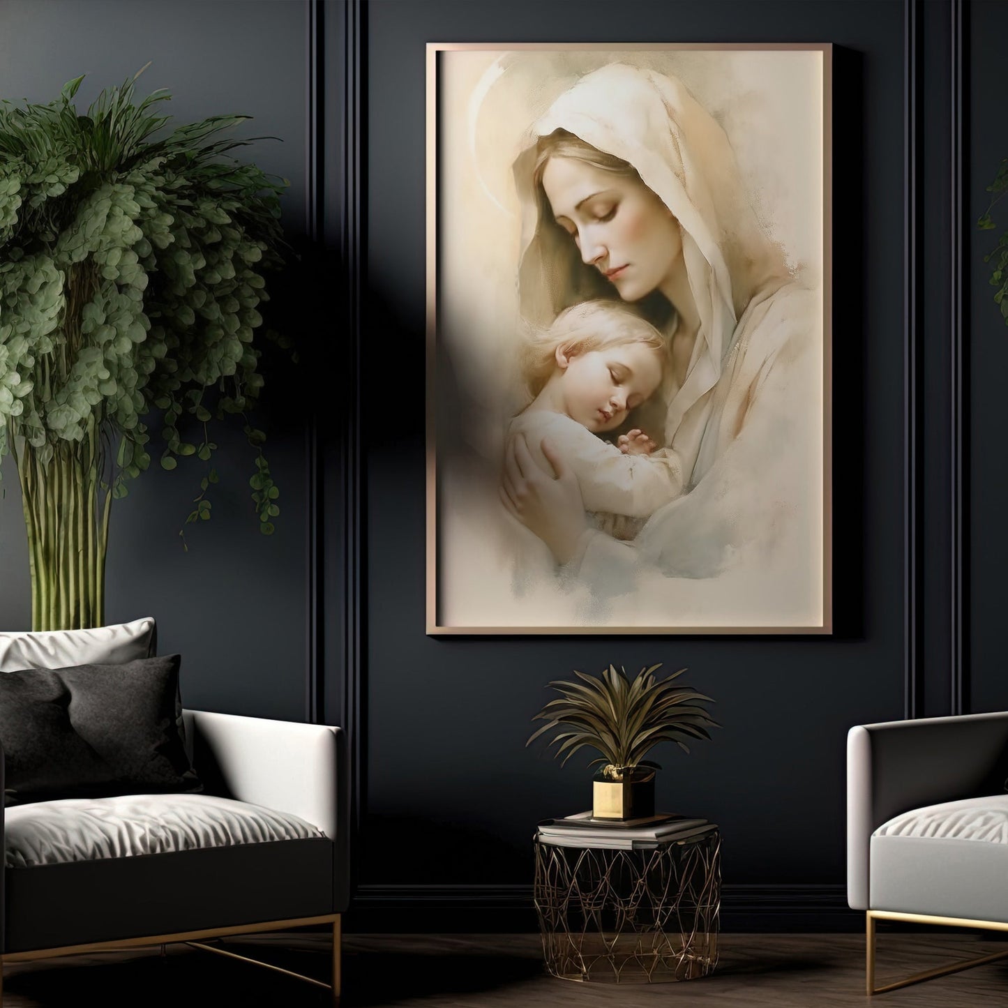 Mother's Tender Embrace, Virgin Mary Christmas Canvas Painting, Xmas Wall Art Decor - Christmas Poster Gift