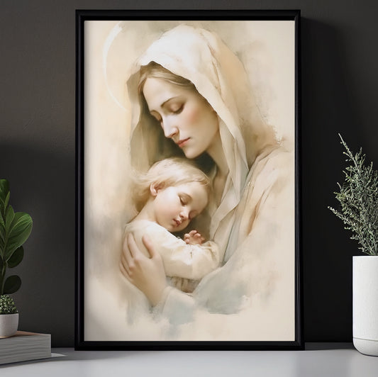Mother's Tender Embrace, Virgin Mary Christmas Canvas Painting, Xmas Wall Art Decor - Christmas Poster Gift