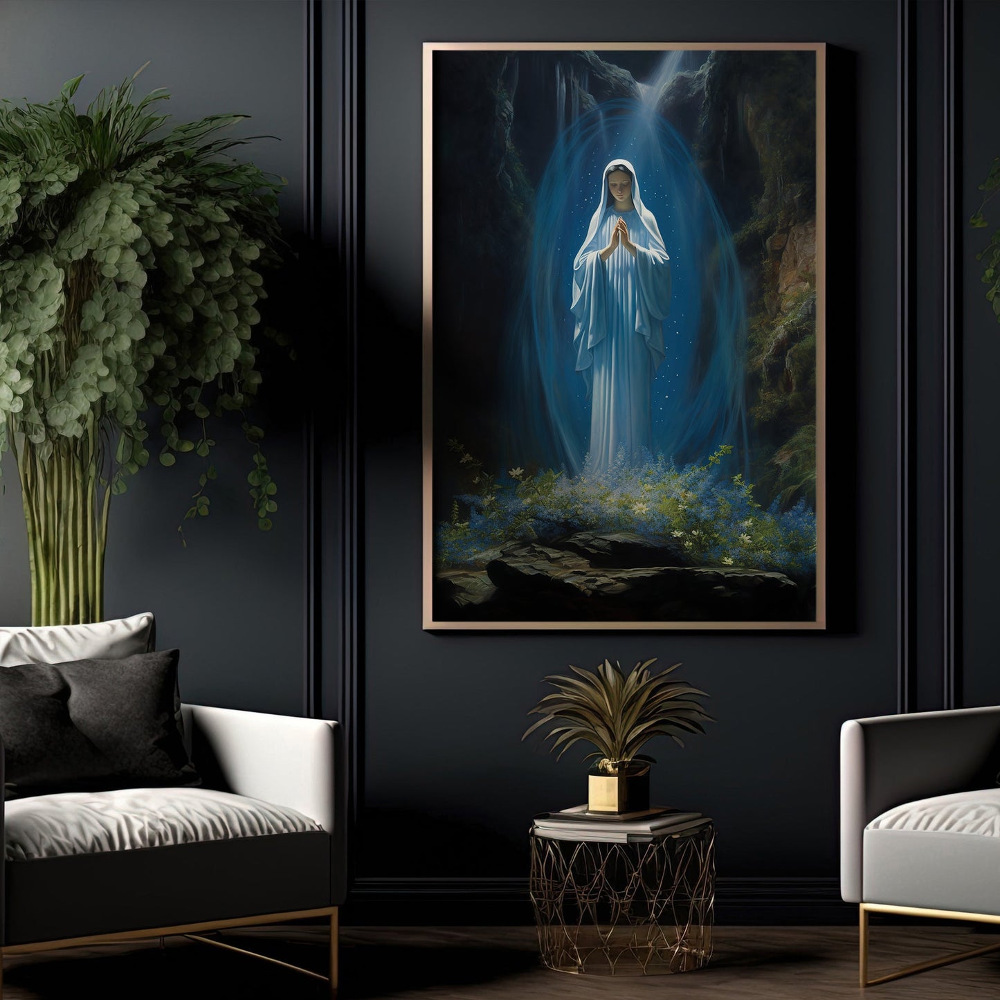 Sanctuary of Celestial Light, Virgin Mary Christmas Canvas Painting, Xmas Wall Art Decor - Christmas Poster Gift