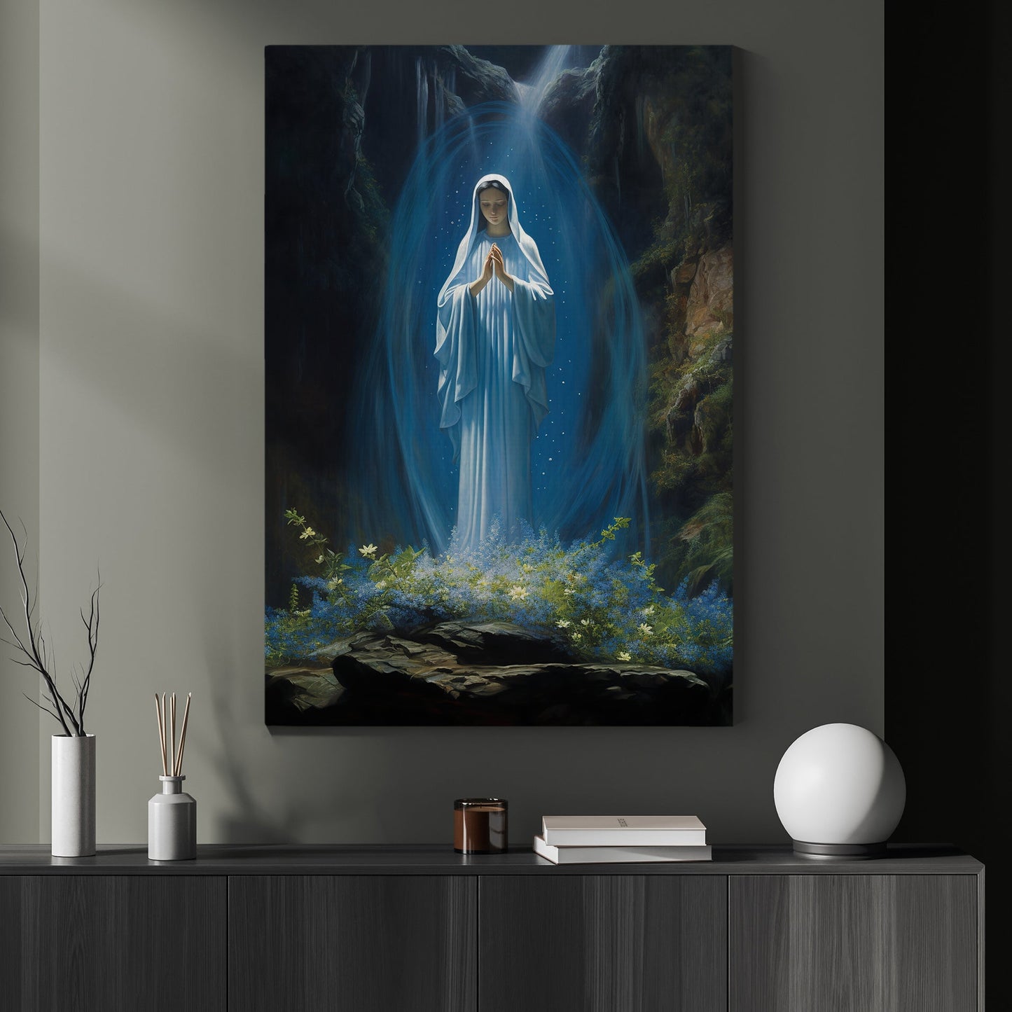 Sanctuary of Celestial Light, Virgin Mary Christmas Canvas Painting, Xmas Wall Art Decor - Christmas Poster Gift