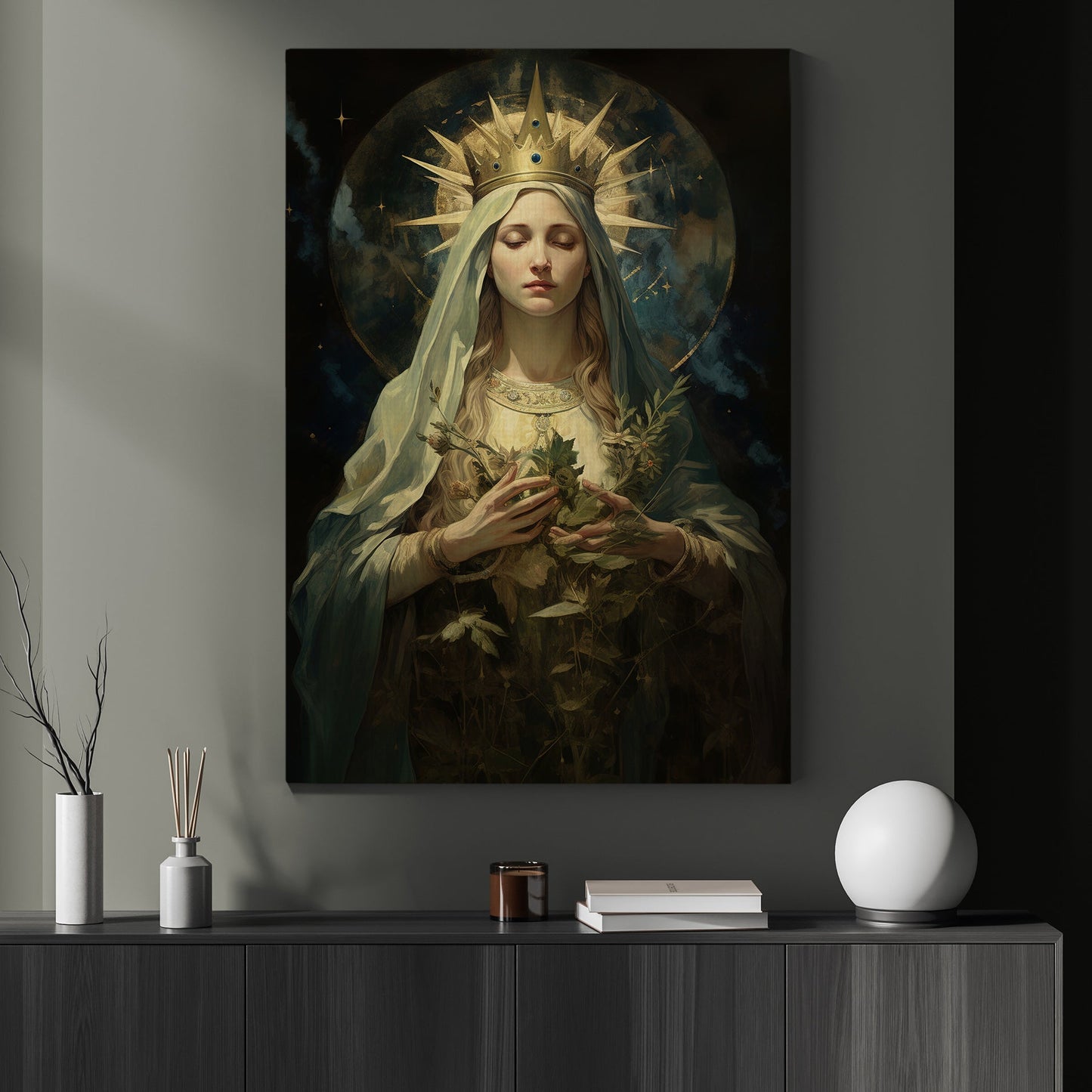 Crowned with Starlight, Virgin Mary Christmas Canvas Painting, Xmas Wall Art Decor - Christmas Poster Gift