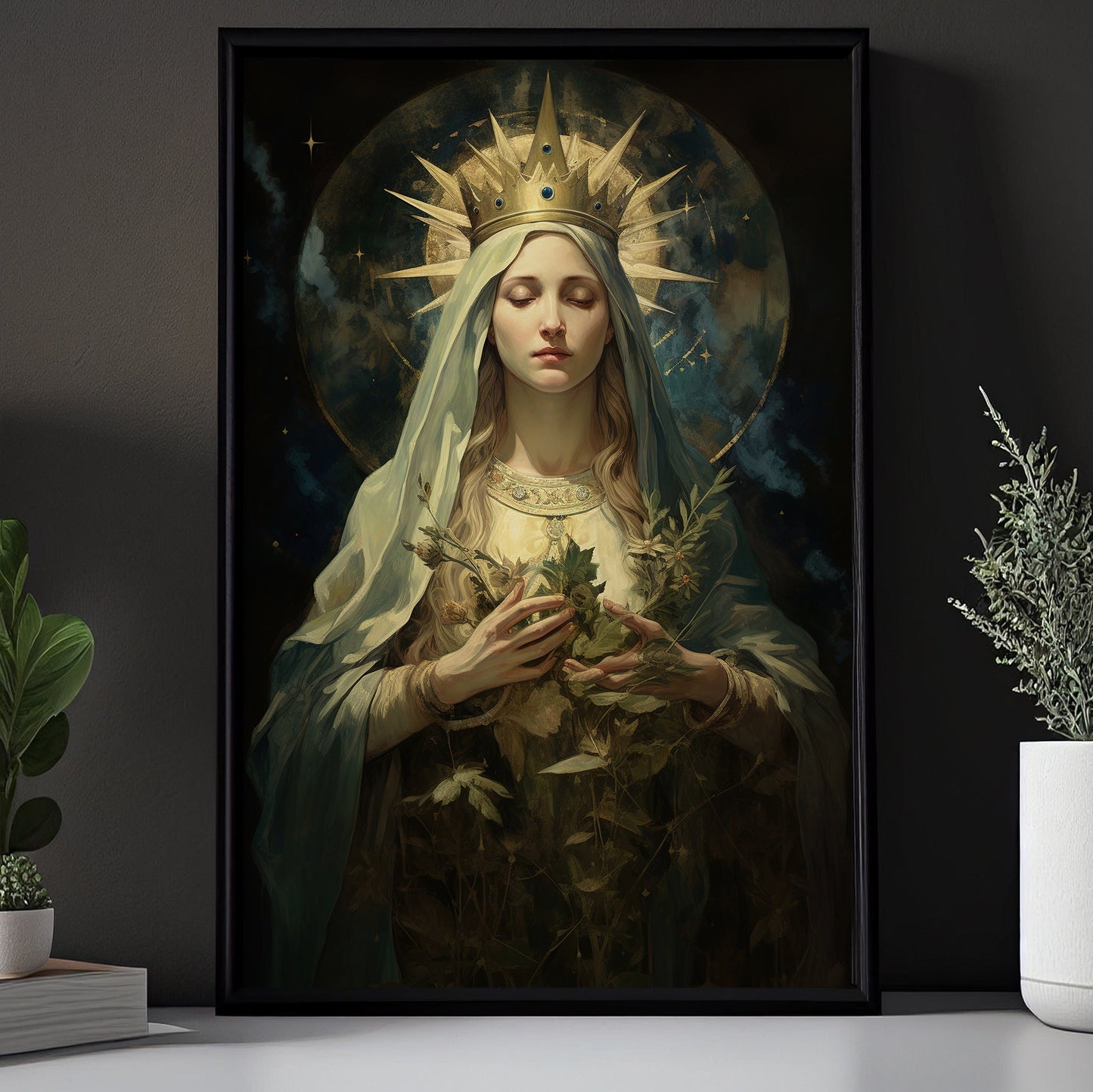 Crowned with Starlight, Virgin Mary Christmas Canvas Painting, Xmas Wall Art Decor - Christmas Poster Gift